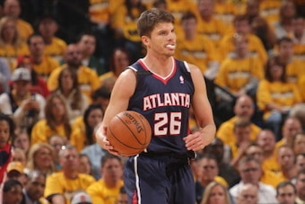 INDIANAPOLIS - APRIL 19: Kyle Korver #26 of the Atlanta Hawks looks to pass the ball against the Indiana Pacers in the East Conference Quarter Finals at Bankers Life Fieldhouse on April 19, 2014 in Indianapolis, Indiana.  NOTE TO USER: User expressly ackn