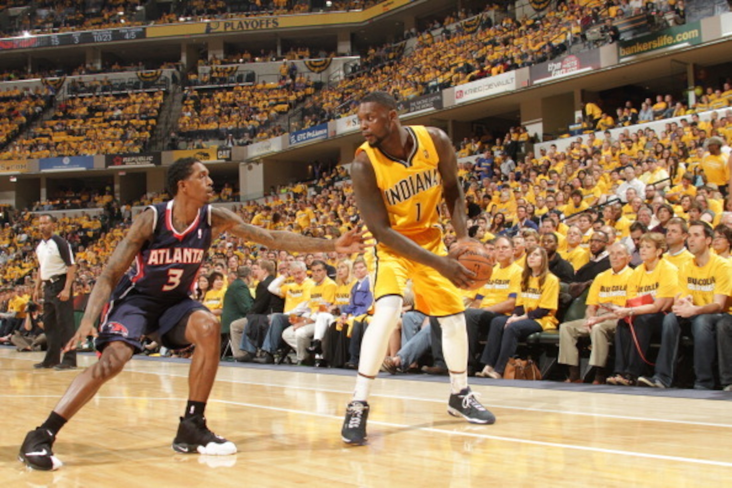 INDIANAPOLIS - APRIL 19: Lance Stephenson #1 of the Indiana Pacers looks to pass the ball against the Atlanta Hawks in the East Conference Quarter Finals at Bankers Life Fieldhouse on April 19, 2014 in Indianapolis, Indiana.  NOTE TO USER: User expressly 
