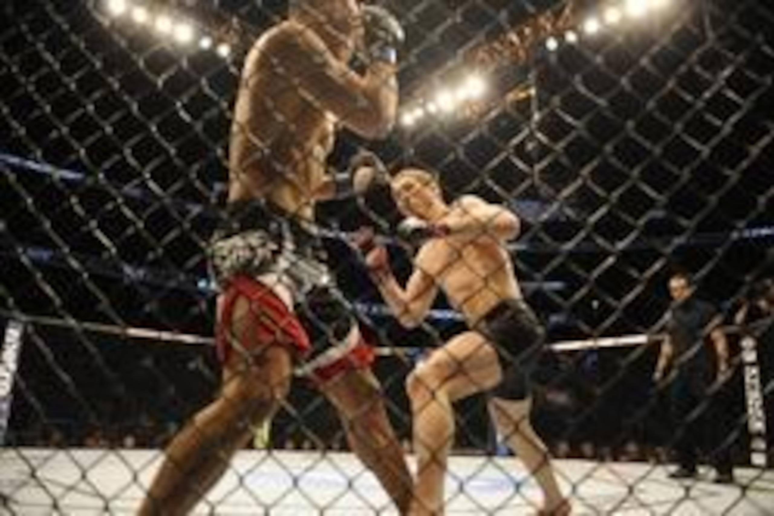 Apr 19, 2014; Orlando, FL, USA; Jordan Mein, red gloves, squares off with Hernani Perpetuo, blue gloves, in their welterweight fight during UFC on FOX 11 at Amway Center. Mandatory Credit: David Manning-USA TODAY Sports