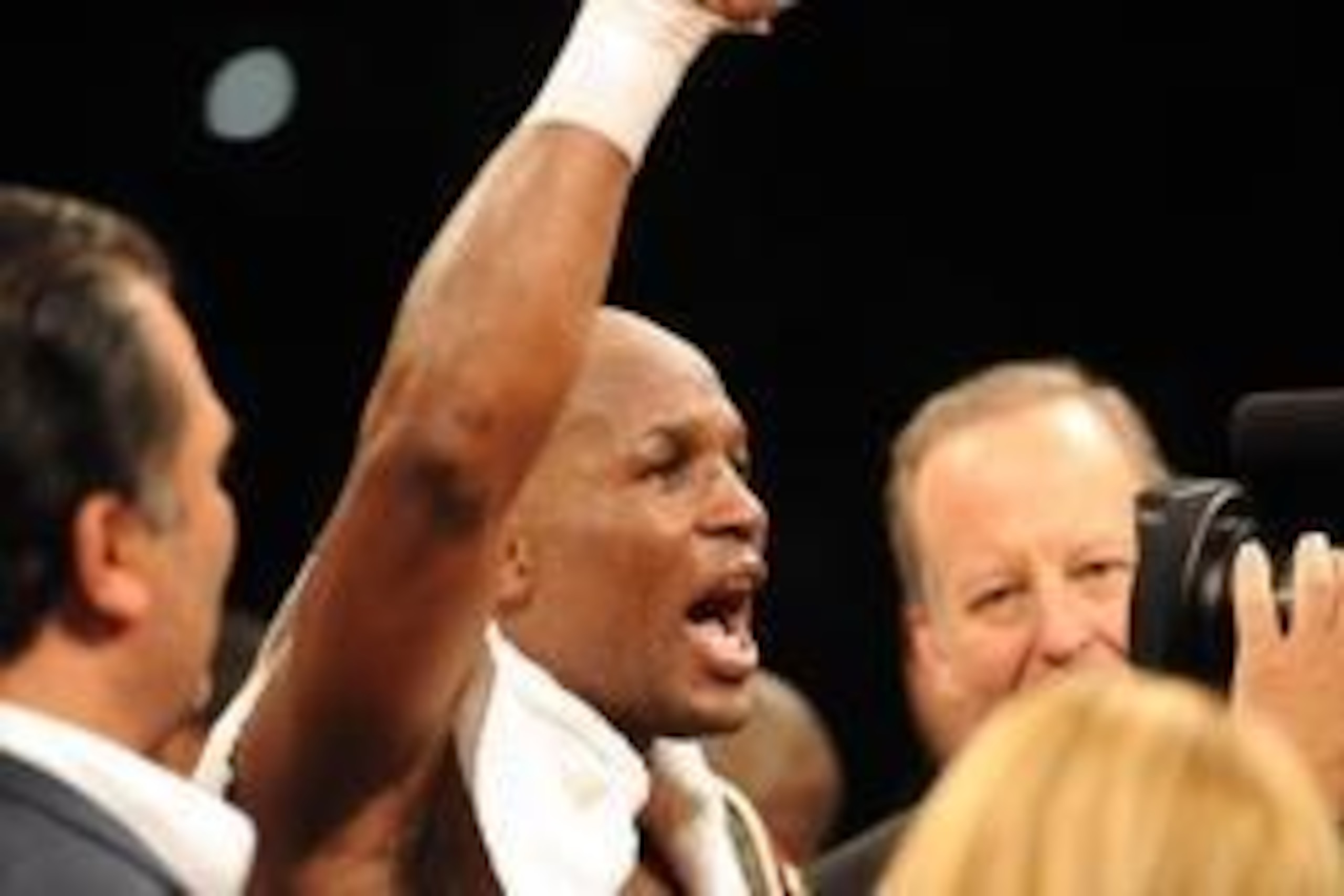 Oct 26, 2013; Atlantic City, NJ, USA; Bernard Hopkins celebrates his victory over Karo Murat (not pictured) after  their IBF Light Heavyweight title bout at Boardwalk Hall. Hopkins won via unanimous decision. Mandatory Credit: Joe Camporeale-USA TODAY Spo
