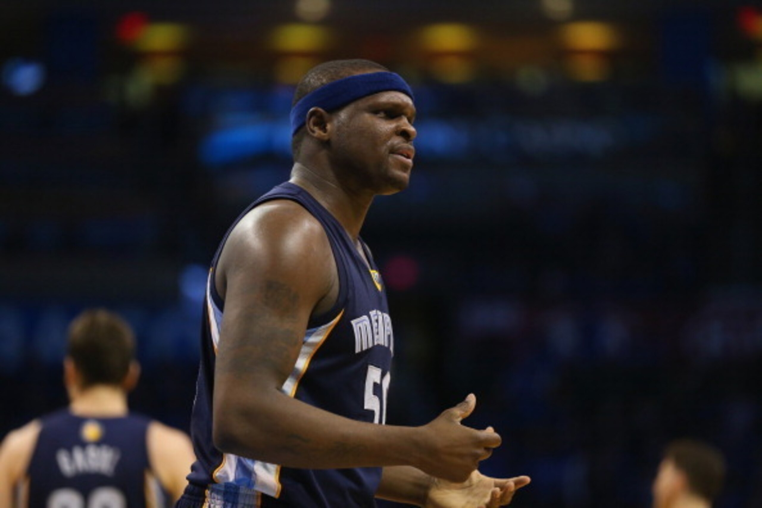 OKLAHOMA CITY, OK - APRIL 19:  Zach Randolph #50 of the Memphis Grizzlies reacts after called for a foul against the Oklahoma City Thunder in Game One of the Western Conference Quarterfinals during the 2014 NBA Playoffs at Chesapeake Energy Arena on April