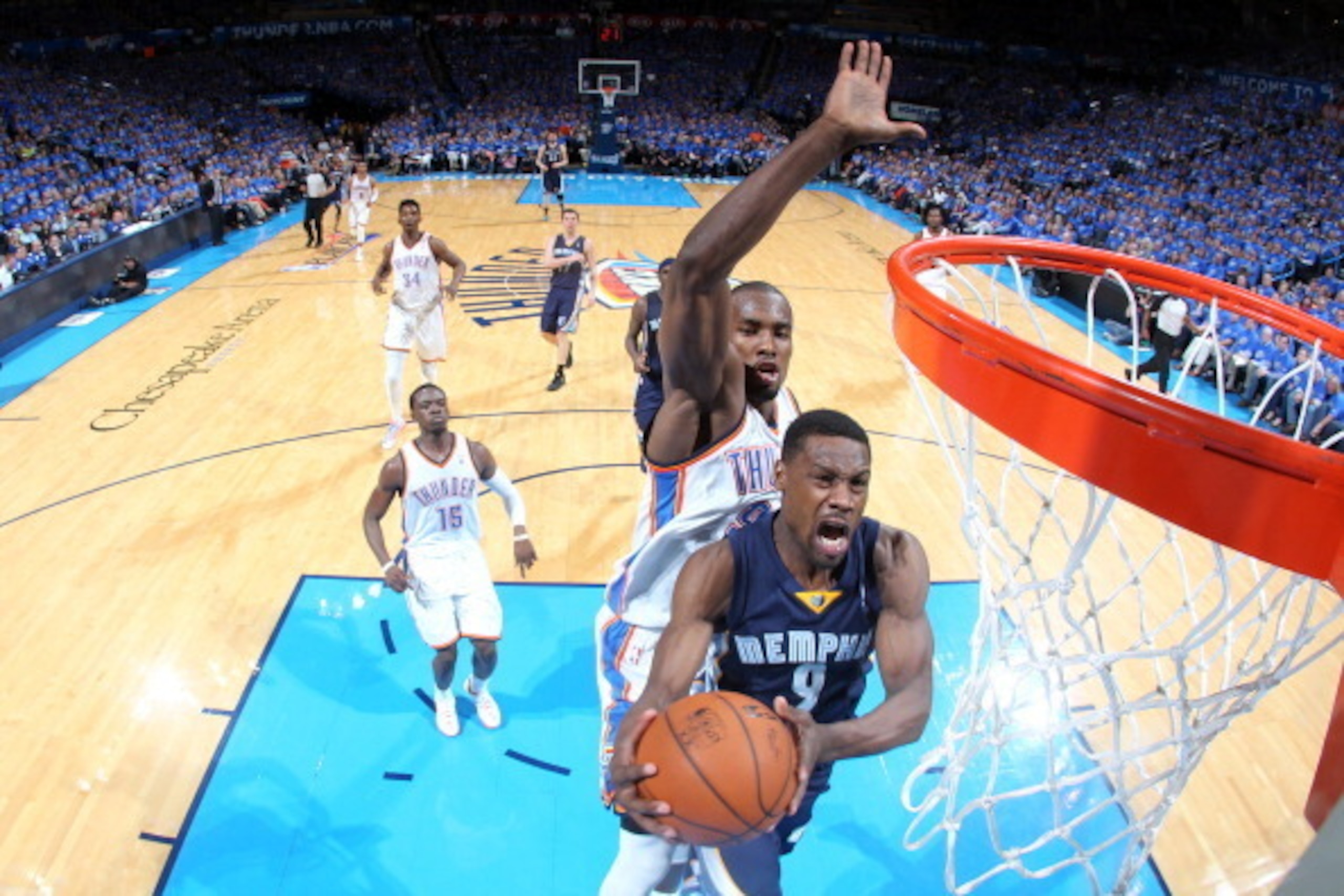 OKLAHOMA CITY, OK - APRIL 19:  Tony Allen #9 of the Memphis Grizzlies goes to the basket against the Oklahoma City Thunder during Game One of the Western Conference Quarterfinals of the NBA Playoffs at Chesapeake Energy Arena on April 19, 2014 in Oklahoma
