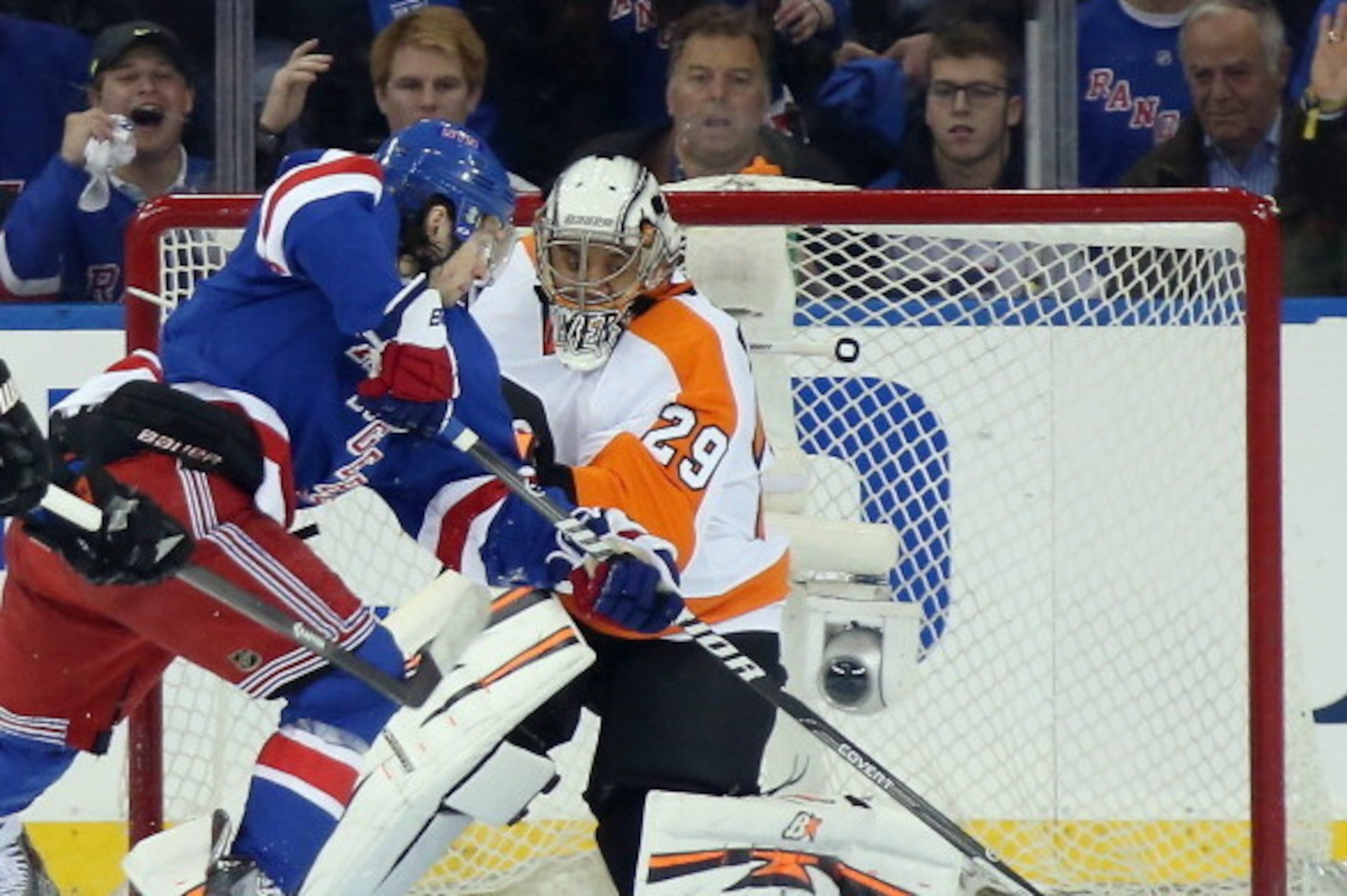 NEW YORK, NY - APRIL 17:  Mats Zuccarello #36 of the New York Rangers moves past Ray Emery #29 of the Philadelphia Flyers to score at 10:53 of the first period in Game One of the First Round of the 2014 NHL Stanley Cup Playoffs at Madison Square Garden on