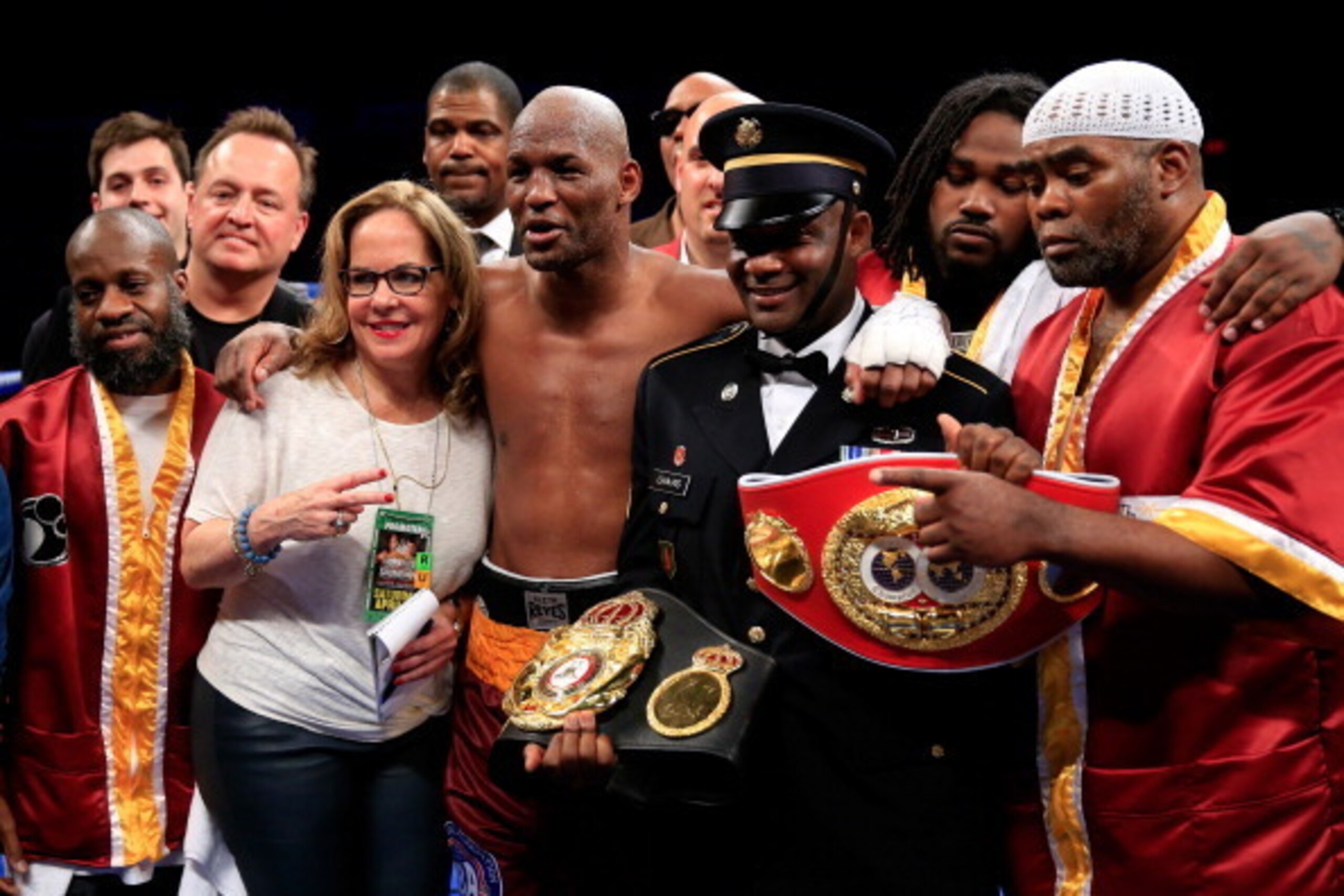 WASHINGTON, DC - APRIL 19:  Bernard Hopkins celebrates in the rign after defeating Beibut Shumenov in a 12 round split decision during their IBA Light Heavyweight Title fight on April 19, 2014 in Washington, DC.  (Photo by Rob Carr/Getty Images)