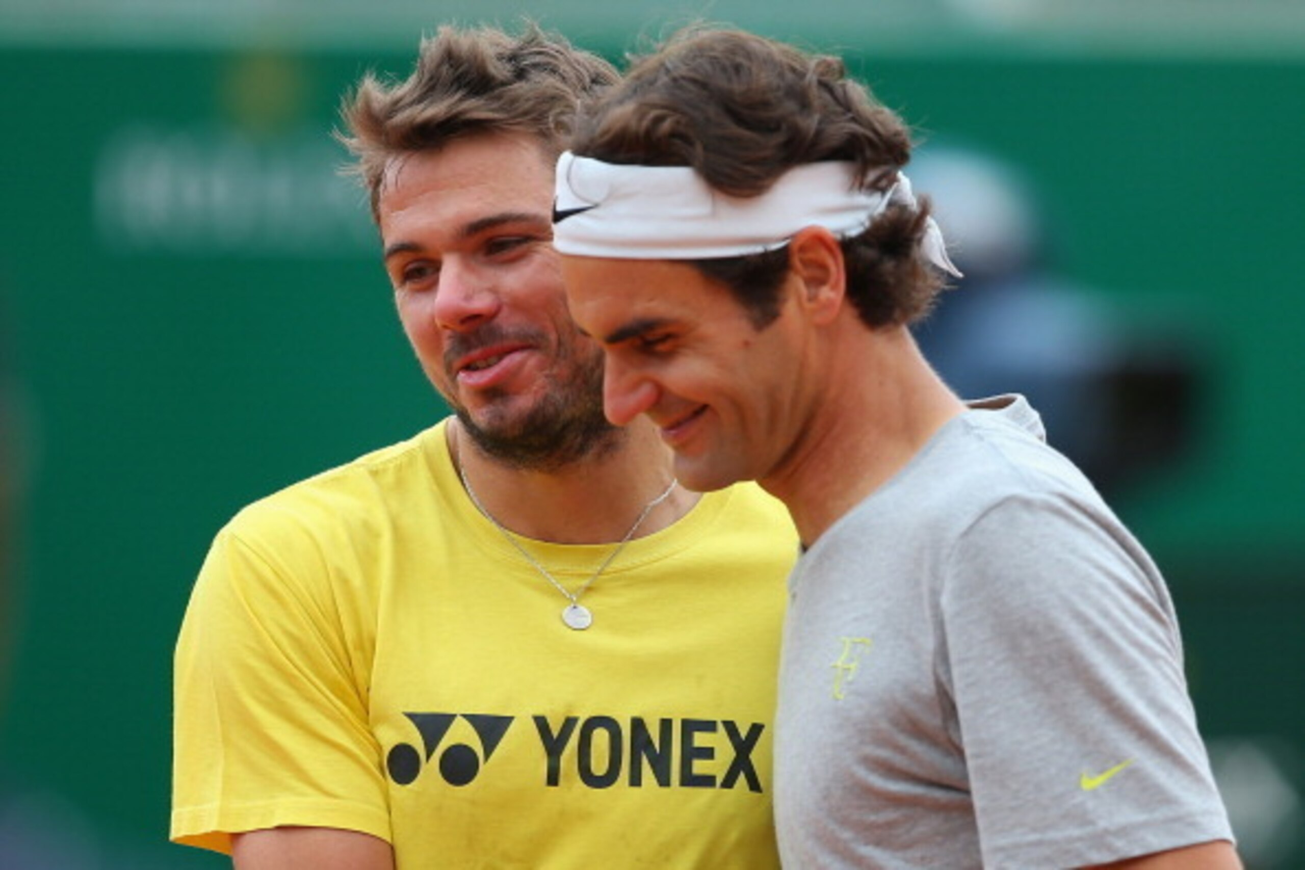 MONTE-CARLO, MONACO - APRIL 20:  Finalists Roger Federer and Stanislas Wawrinka of Switzerland shake hands after a practice before the final during day eight of the ATP Monte Carlo Rolex Masters Tennis at Monte-Carlo Sporting Club on April 20, 2014 in Mon