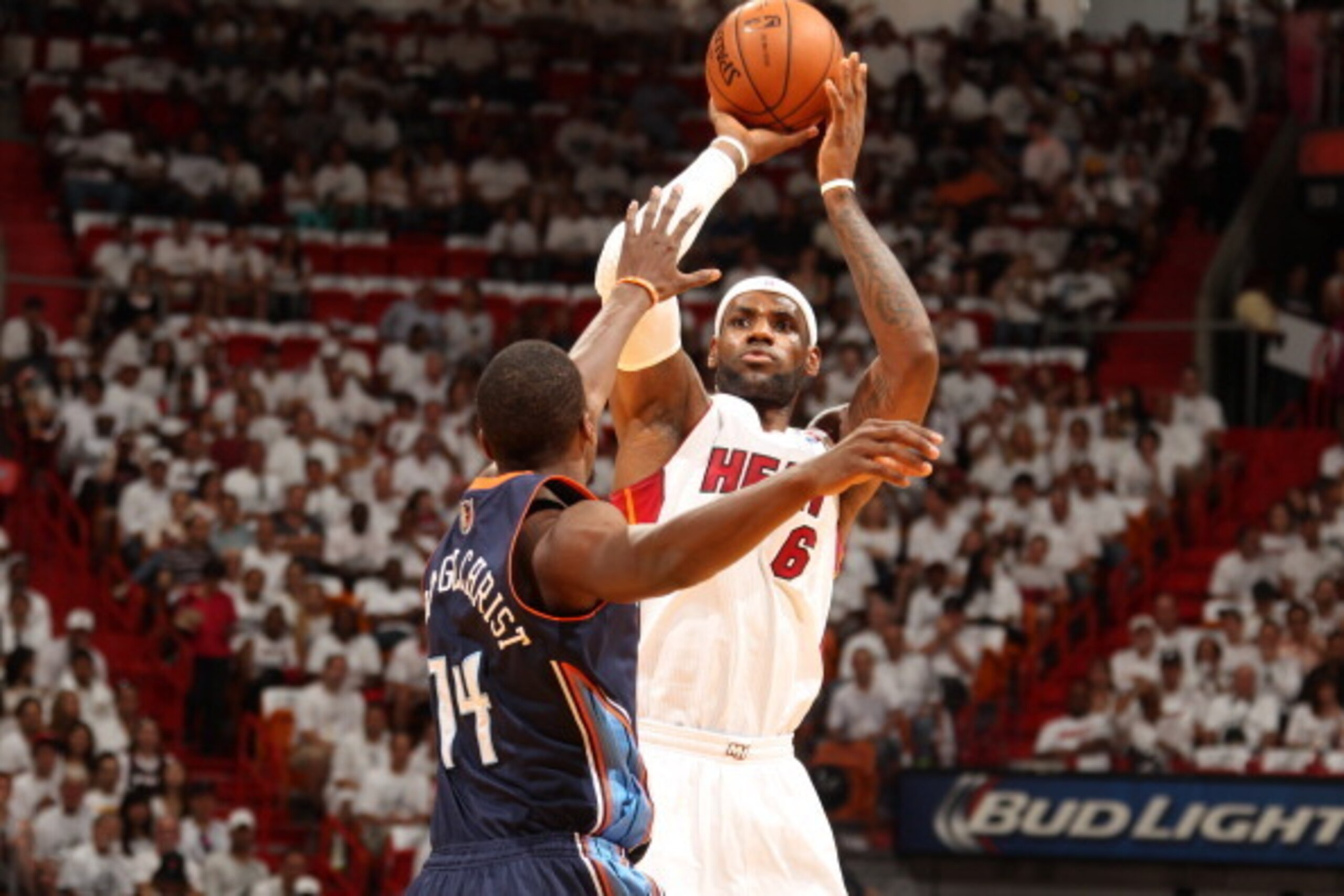 MIAMI, FL - April 20: LeBron James #6 of the Miami Heat shoots against the Charlotte Bobcats during Game One of the Eastern Conference Quarterfinals of the 2014 NBA playoffs at the American Airlines Arena in Miami, Florida on April 20, 2014. NOTE TO USER:
