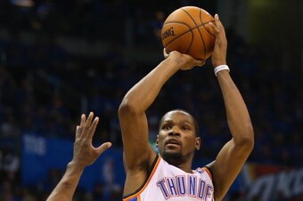 OKLAHOMA CITY, OK - APRIL 19:  Kevin Durant #35 of the Oklahoma City Thunder takes a shot in Game One of the Western Conference Quarterfinals during the 2014 NBA Playoffs at Chesapeake Energy Arena on April 19, 2014 in Oklahoma City, Oklahoma.  NOTE TO US