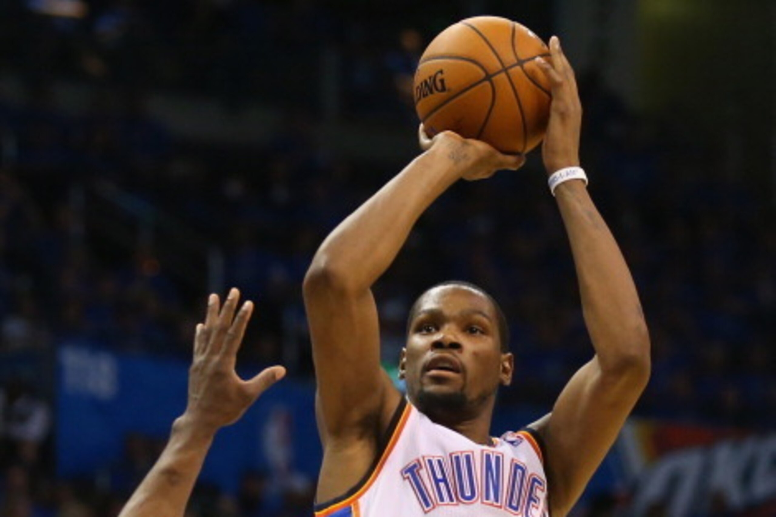 OKLAHOMA CITY, OK - APRIL 19:  Kevin Durant #35 of the Oklahoma City Thunder takes a shot in Game One of the Western Conference Quarterfinals during the 2014 NBA Playoffs at Chesapeake Energy Arena on April 19, 2014 in Oklahoma City, Oklahoma.  NOTE TO US