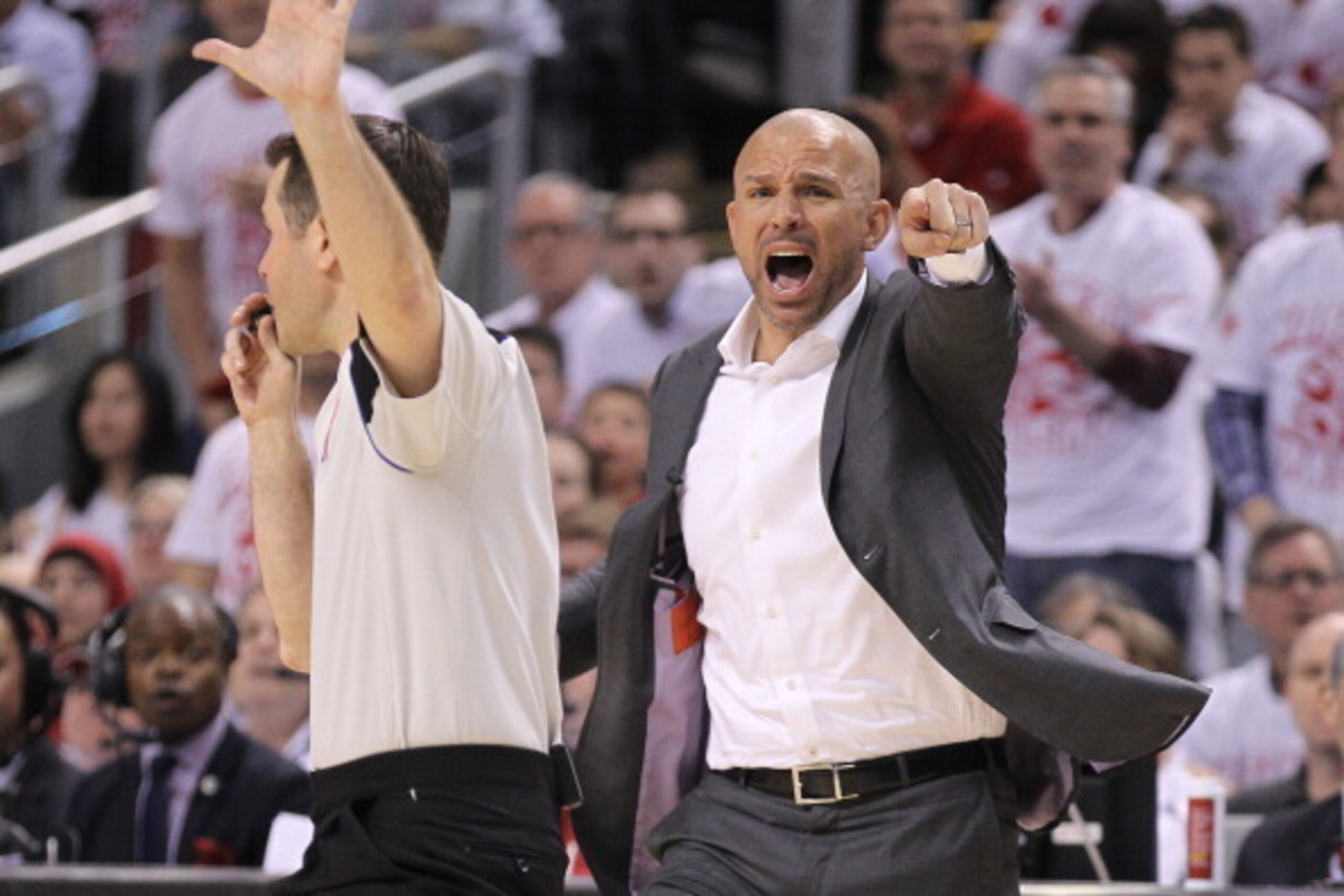 TORONTO, ON - APRIL 19:  Head coach Jason Kidd of the Brooklyn Nets reacts on a call in play against the Toronto Raptors in Game One of the NBA Eastern Conference play-off at the Air Canada Centre on April 19, 2014 in Toronto, Ontario, Canada. The Nets de