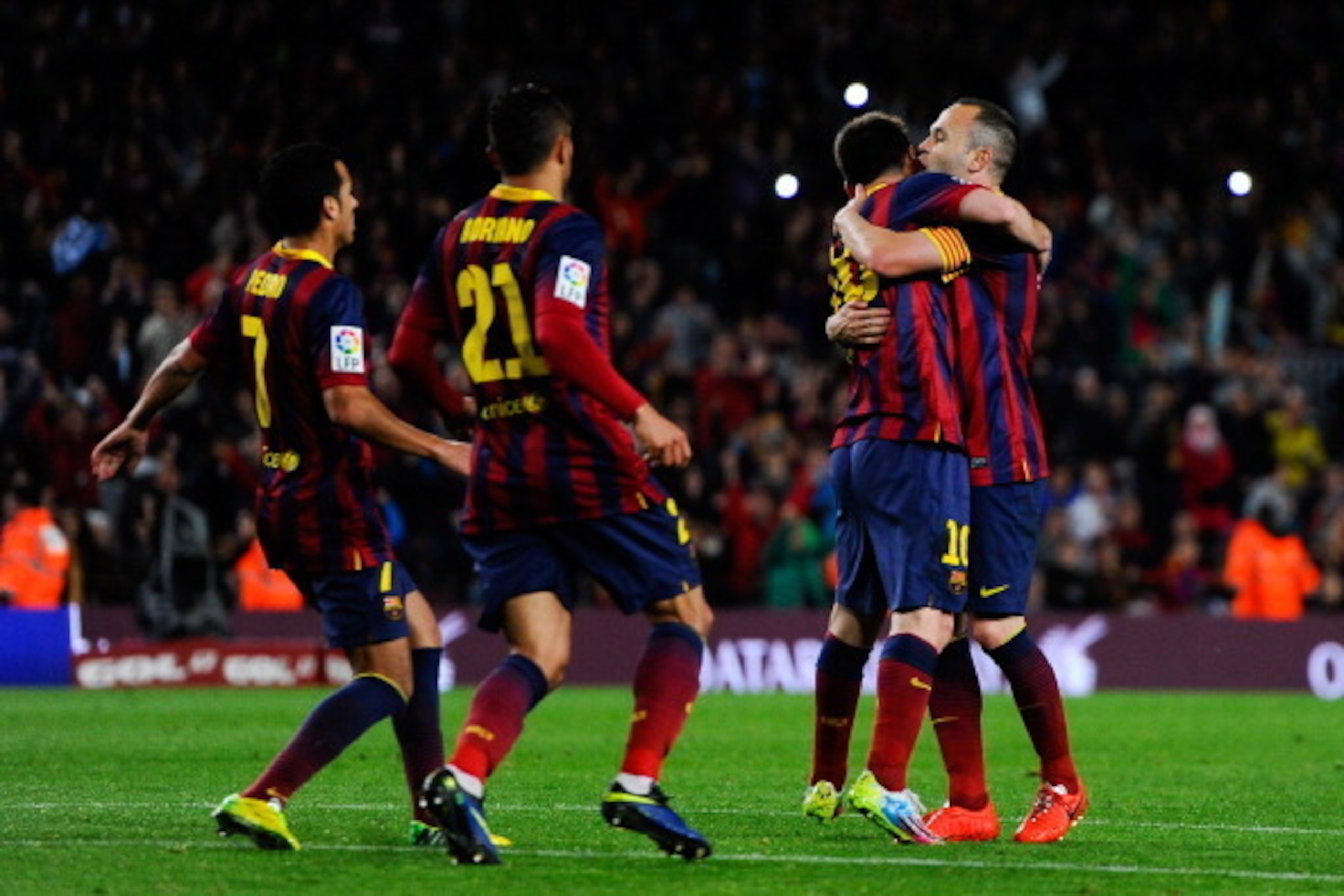 BARCELONA, SPAIN - APRIL 20: Lionel Messi (2R) of FC Barcelona celebrates with his teammates after scoring his team's second goal during the La Liga match between FC Barcelona and Athletic Club at Camp Nou on April 20, 2014 in Barcelona, Spain. (Photo b BARCELONA, SPAIN - APRIL 20: Lionel Messi (2R) of FC Barcelona celebrates with his teammates after scoring his team's second goal during the La Liga match between FC Barcelona and Athletic Club at Camp Nou on April 20, 2014 in Barcelona, Spain. (Photo b