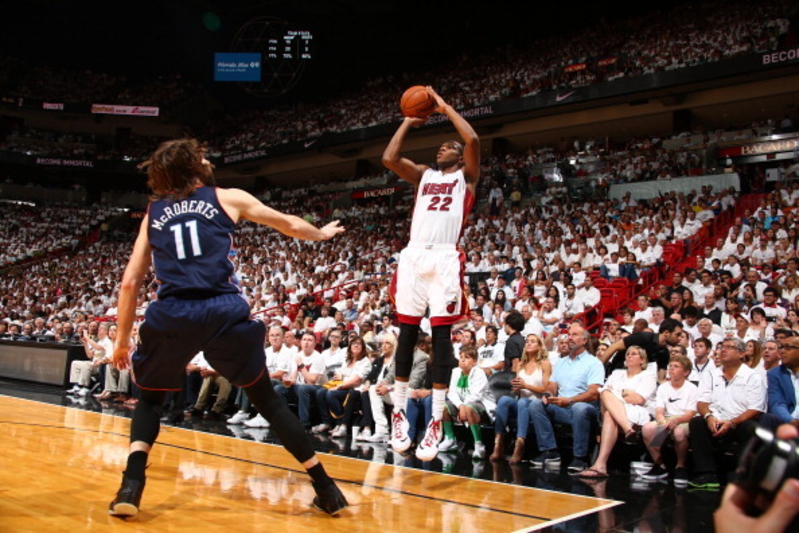 MIAMI, FL - April 20: James Jones #22 of the Miami Heat shoots against the Charlotte Bobcats during Game One of the Eastern Conference Quarterfinals of the 2014 NBA playoffs at the American Airlines Arena in Miami, Florida on April 20, 2014. NOTE TO USER: