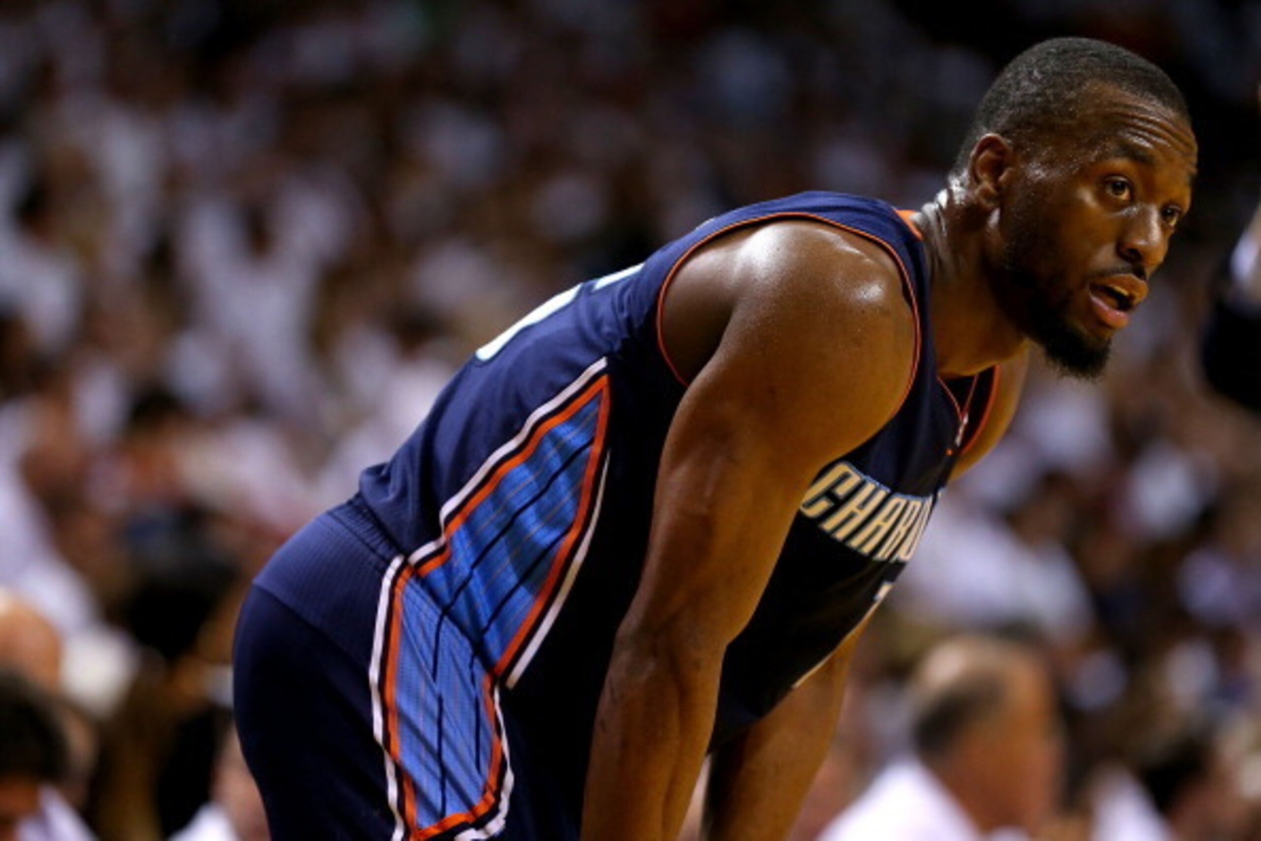 MIAMI, FL - APRIL 20:  Kemba Walker #15 of the Charlotte Bobcats looks on during Game 1 of the Eastern Conference Quarterfinals of the 2014 NBA Playoffs against the Miami Heat at American Airlines Arena on April 20, 2014 in Miami, Florida. NOTE TO USER: U