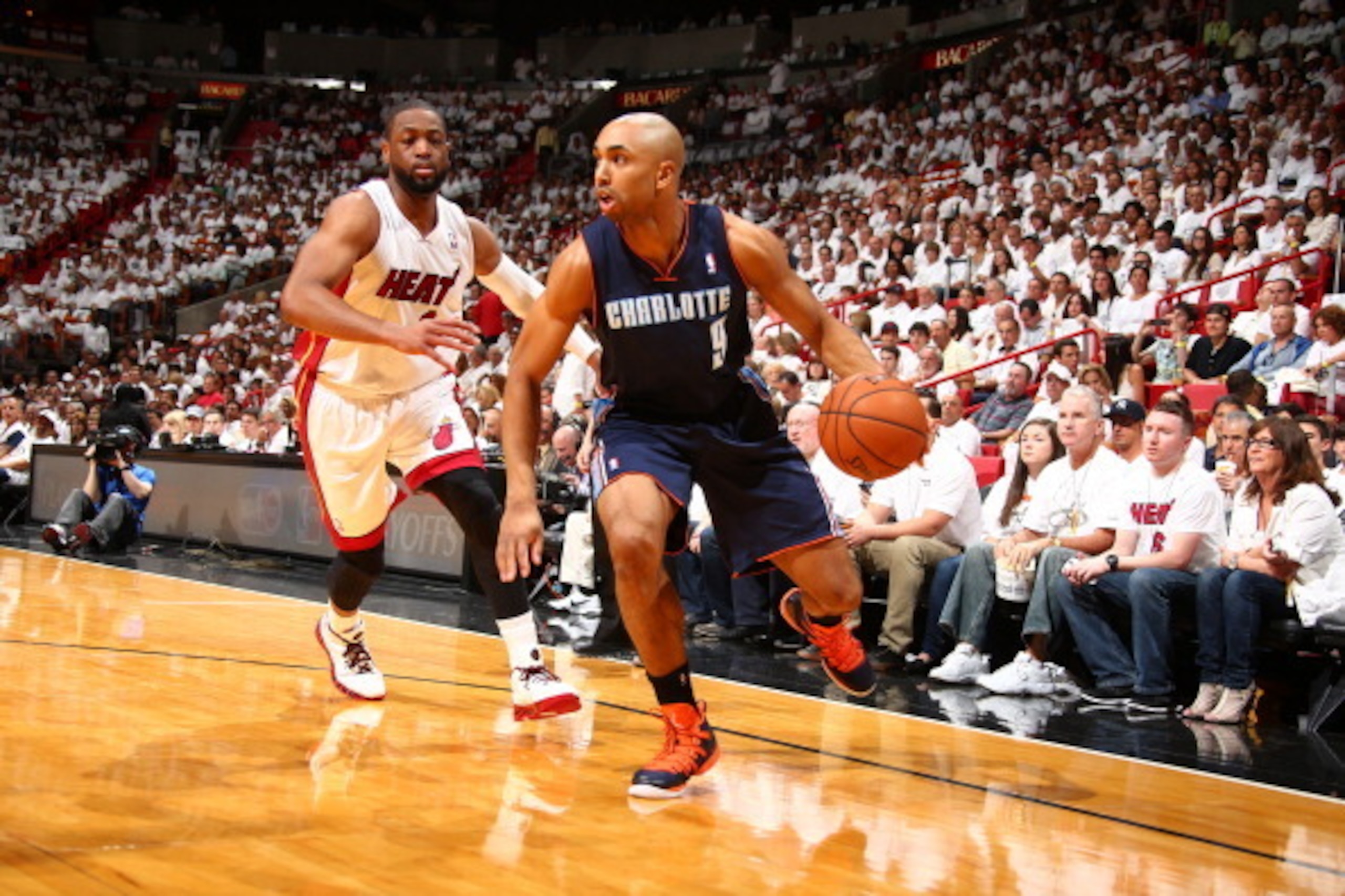 MIAMI, FL - April 20: Gerald Henderson #9 of the Charlotte Bobcats handles the ball against the Miami Heat during Game One of the Eastern Conference Quarterfinals of the 2014 NBA playoffs at the American Airlines Arena in Miami, Florida on April 20, 2014.