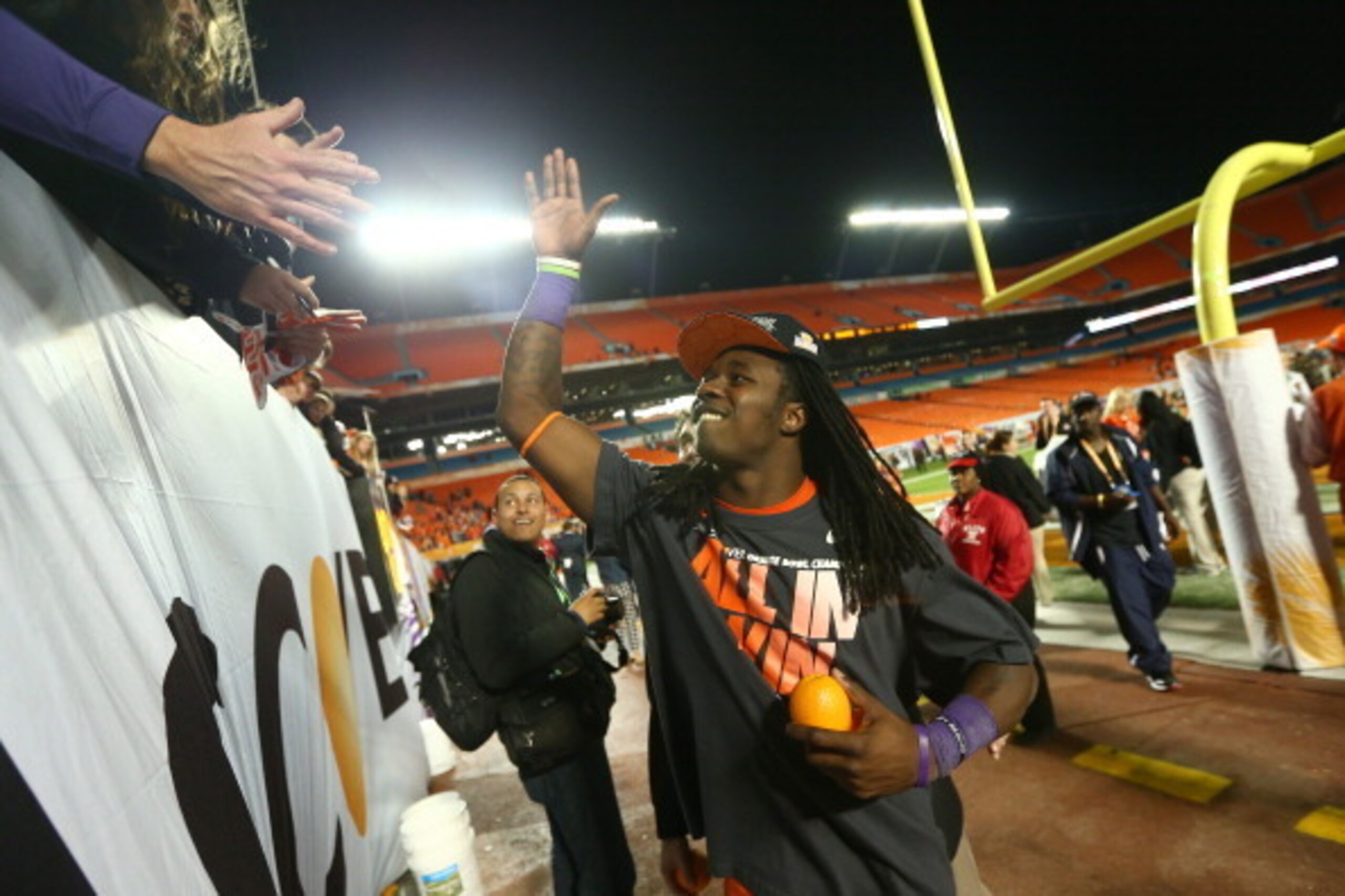 MIAMI GARDENS, FL - JANUARY 03:  Sammy Watkins #2 of the Clemson Tigers celebrates after defeating the Ohio State Buckeyes during the Discover Orange Bowl at Sun Life Stadium on January 3, 2014 in Miami Gardens, Florida. Clemson defeated Ohio State 40-35.