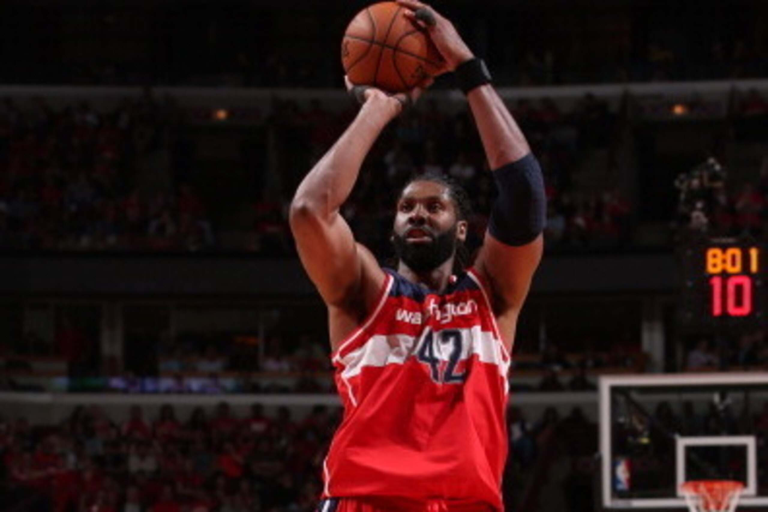 CHICAGO, IL  APRIL 20: Nene #42 of the Washington Wizards takes a shot against the Chicago Bulls during Game 1 of the Eastern Conference Quarterfinals on April 20, 2014 at the United Center in Chicago, Illinois. NOTE TO USER: User expressly acknowledges a