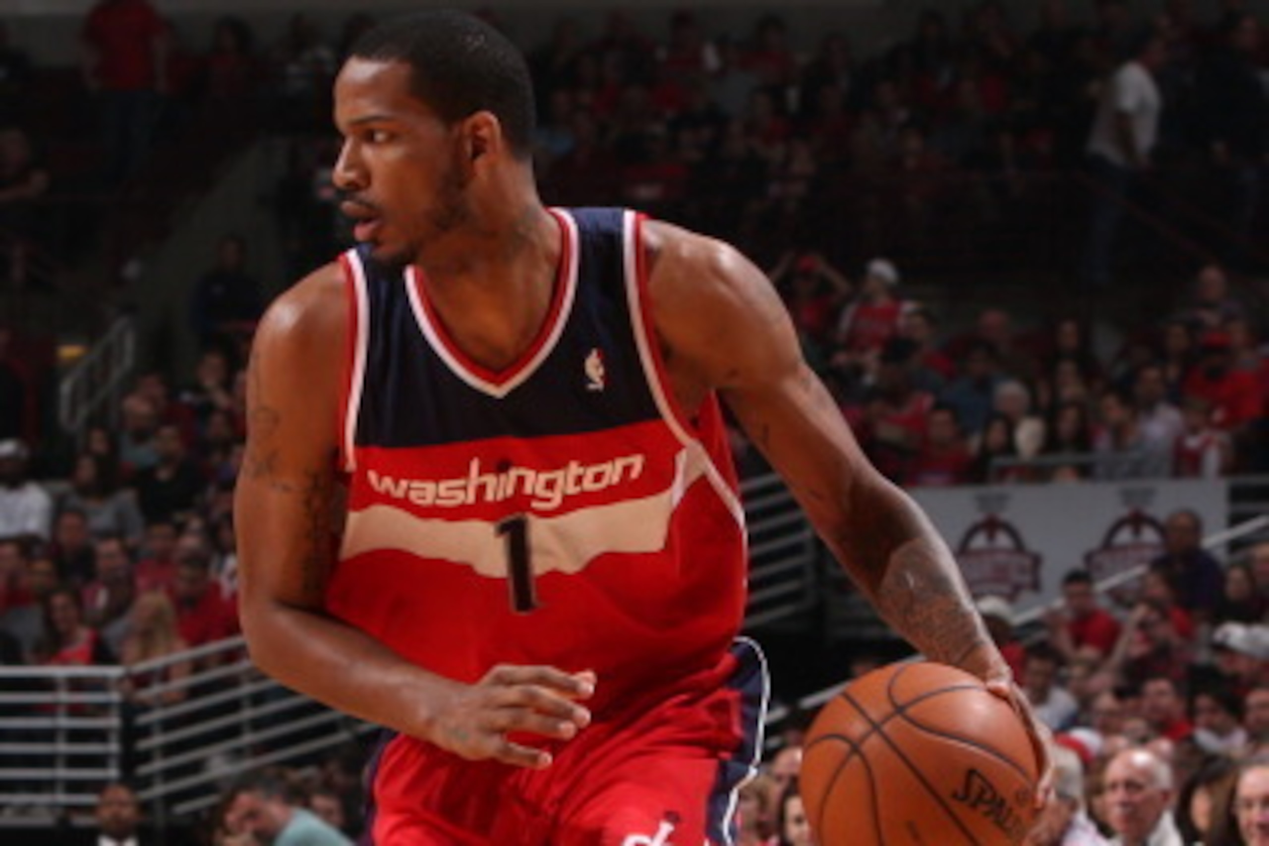 CHICAGO, IL - APRIL 20: Trevor Ariza #1 of the Washington Wizards handles the ball against the Chicago Bulls during Game 1 of the Eastern Conference Quarterfinals on April 20, 2014 at the United Center in Chicago, Illinois. NOTE TO USER: User expressly ac