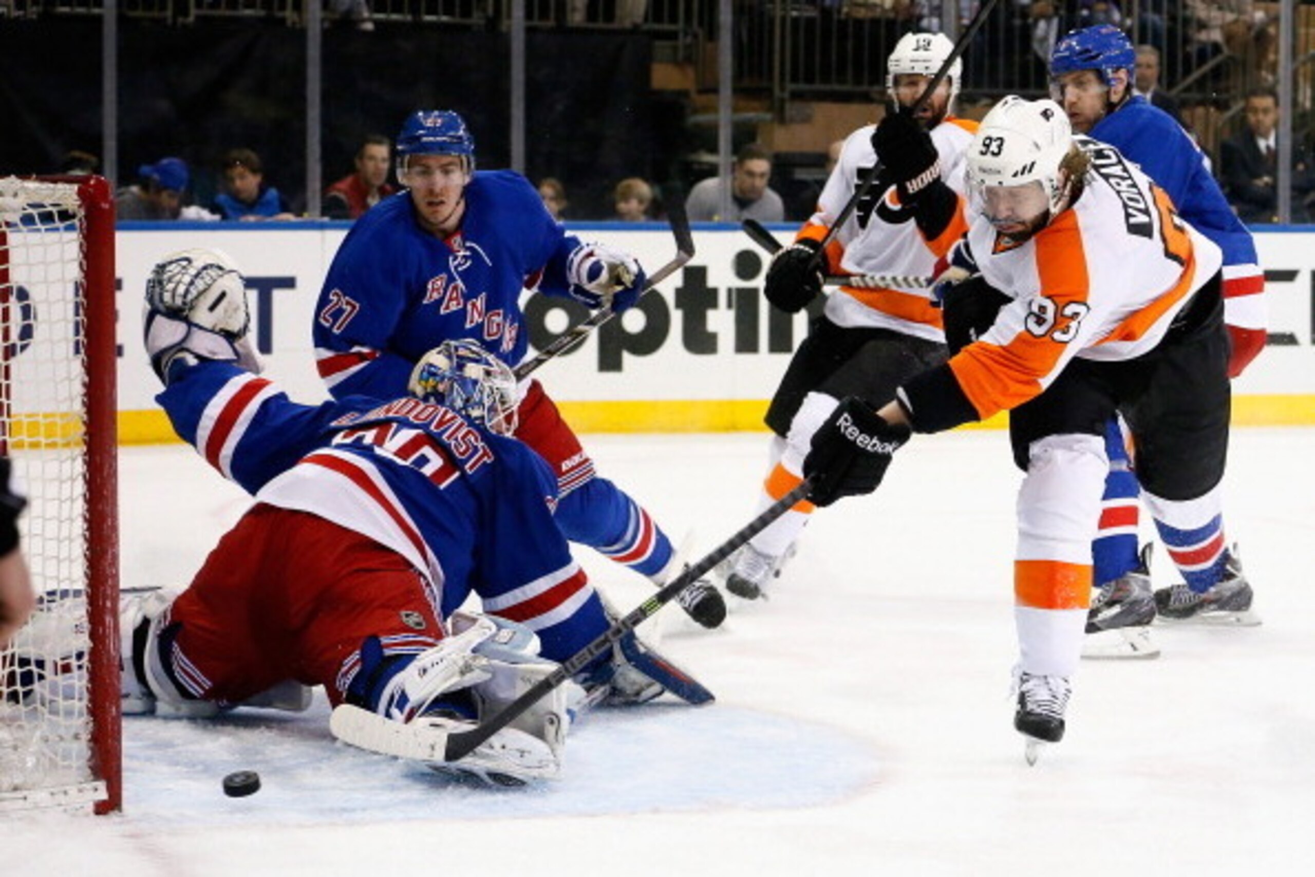 NEW YORK, NY - APRIL 20:  Jakub Voracek #93 of the Philadelphia Flyers shoots the puck past goalie Henrik Lundqvist #30 of the New York Rangers for a goal during the first period in Game Two of the First Round of the 2014 NHL Stanley Cup Playoffs at Madis