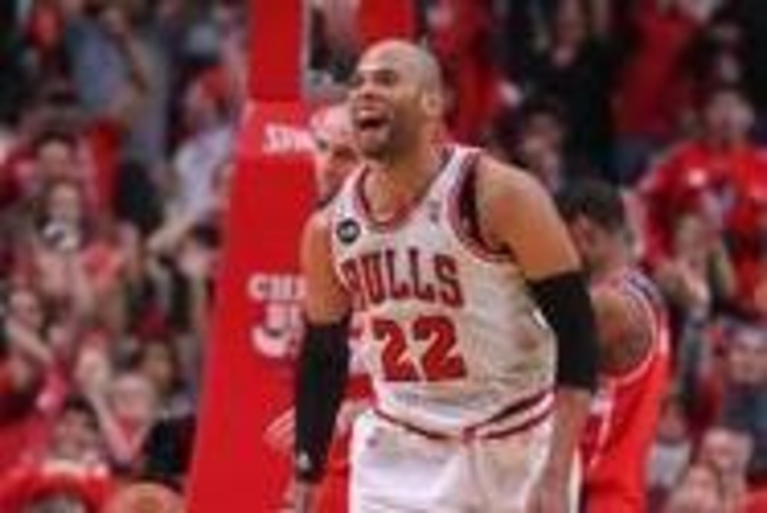 Apr 20, 2014; Chicago, IL, USA; Chicago Bulls forward Taj Gibson (22)  celebrates scoring during the second quarter of game one of the first round of the 2014 NBA Playoffs against the Washington Wizards at the United Center. Mandatory Credit: Dennis Wierz