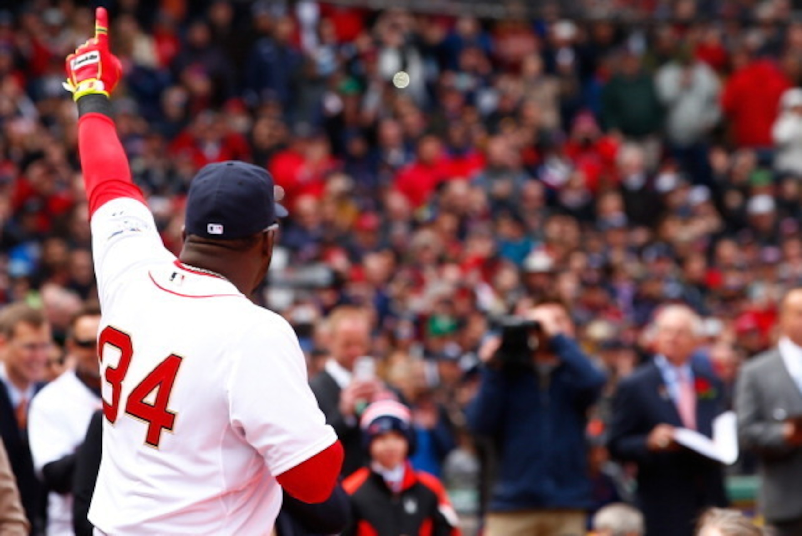 BOSTON, MA - APRIL 04:  David Ortiz #34 of the Boston Red Sox acknowledges the crowd prior to the Opening Day game against the Milwaukee Brewers at Fenway Park on April 4, 2014 in Boston, Massachusetts.  (Photo by Jared Wickerham/Getty Images)