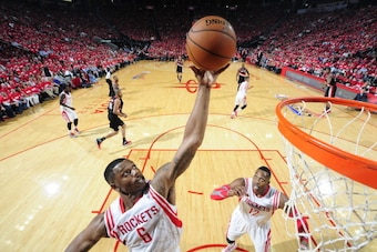 HOUSTON, TX - APRIL 20:  Terrence Jones #6 of the Houston Rockets rebounds against the Portland Trail Blazers in Game One of the Western Conference Quarterfinals during the 2014 NBA Playoffs on April 20, 2014 at the Toyota Center in Houston, Texas. NOTE T