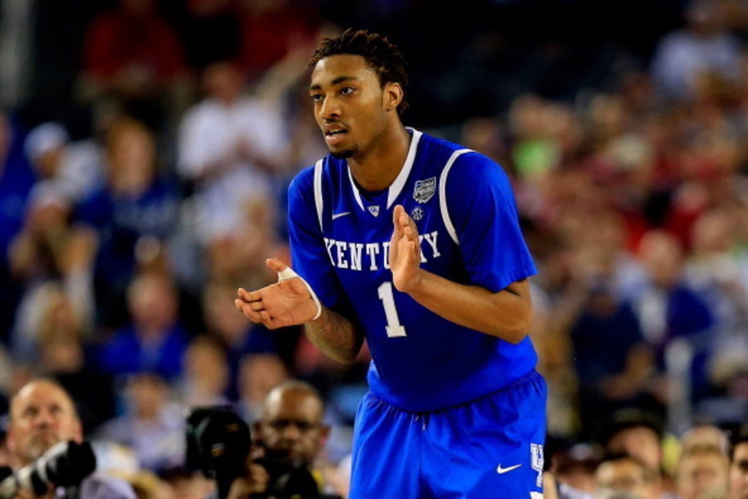 ARLINGTON, TX - APRIL 07:  James Young #1 of the Kentucky Wildcats reacts against the Connecticut Huskies during the NCAA Men's Final Four Championship at AT&T Stadium on April 7, 2014 in Arlington, Texas.  (Photo by Jamie Squire/Getty Images)