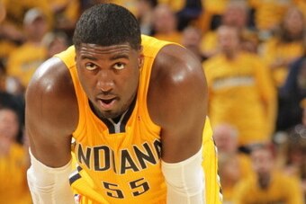 INDIANAPOLIS - APRIL 19: Roy Hibbert #55 of the Indiana Pacers looks on against the Atlanta Hawks in the East Conference Quarter Finals at Bankers Life Fieldhouse on April 19, 2014 in Indianapolis, Indiana.  NOTE TO USER: User expressly acknowledges and a