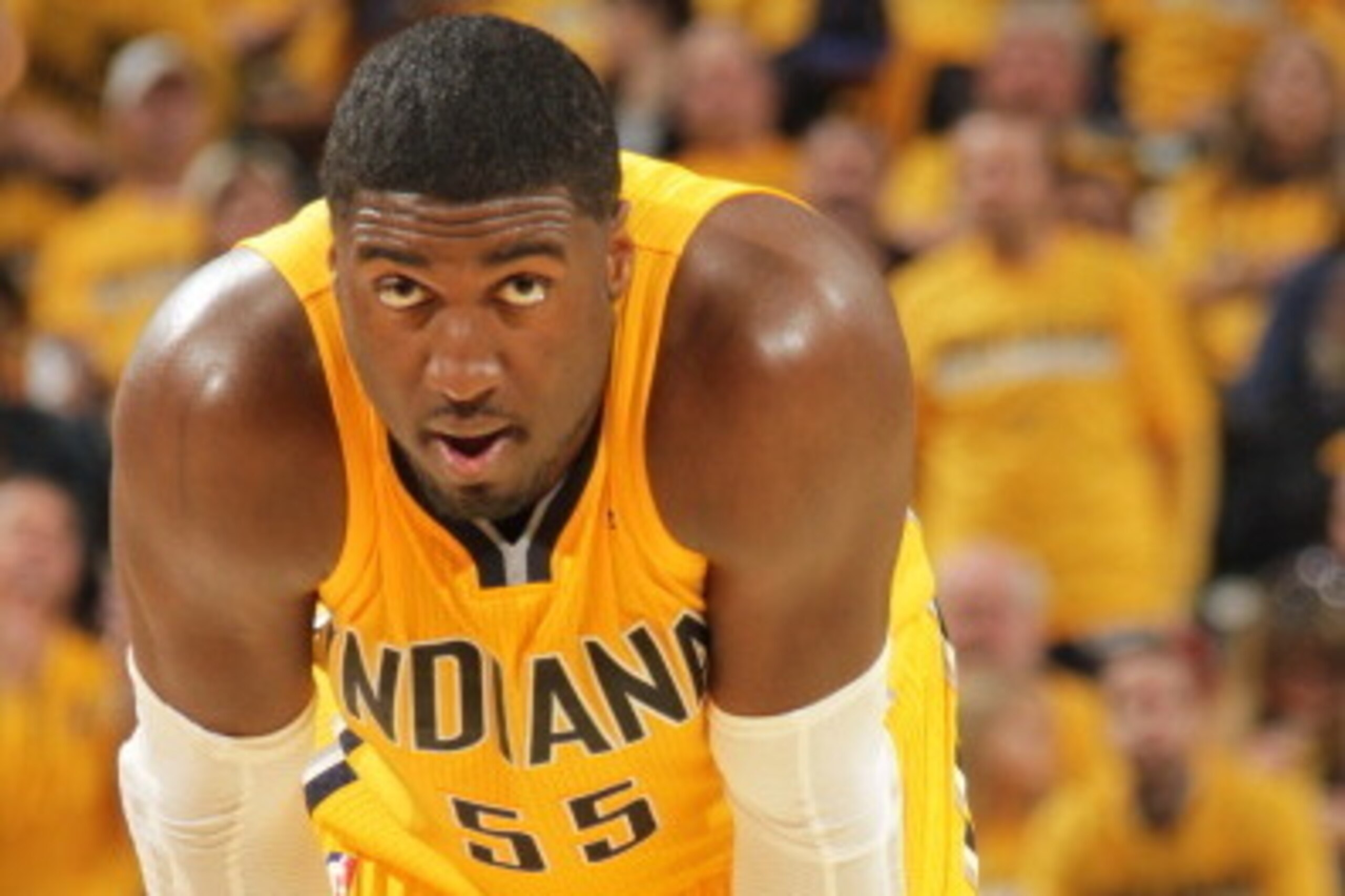 INDIANAPOLIS - APRIL 19: Roy Hibbert #55 of the Indiana Pacers looks on against the Atlanta Hawks in the East Conference Quarter Finals at Bankers Life Fieldhouse on April 19, 2014 in Indianapolis, Indiana.  NOTE TO USER: User expressly acknowledges and a