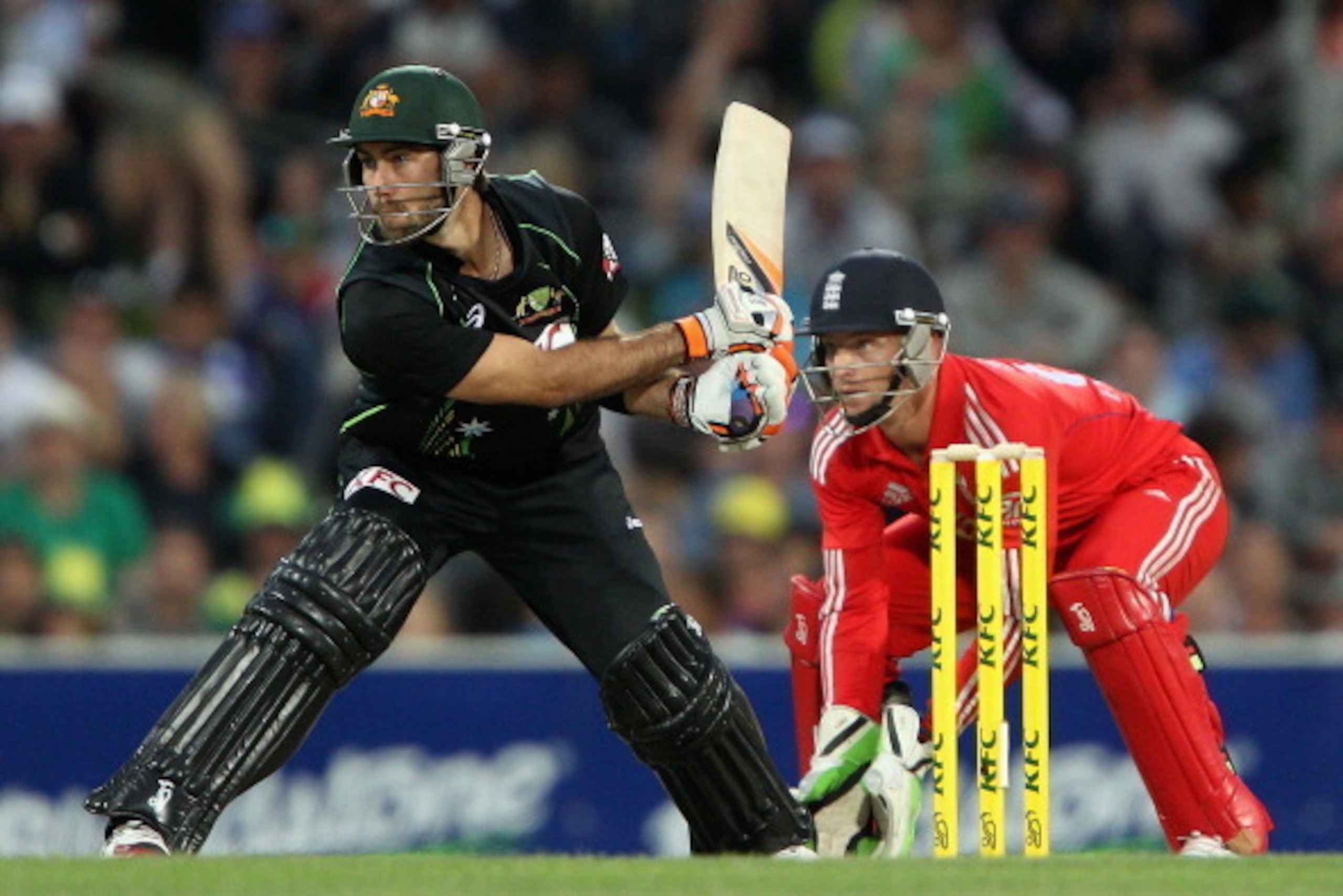 HOBART, AUSTRALIA - JANUARY 29:  Glenn Maxwell of Australia plays a shot during game one of the International Twenty20 series between Australia and England at Blundstone Arena on January 29, 2014 in Hobart, Australia.  (Photo by Robert Prezioso/Getty Imag
