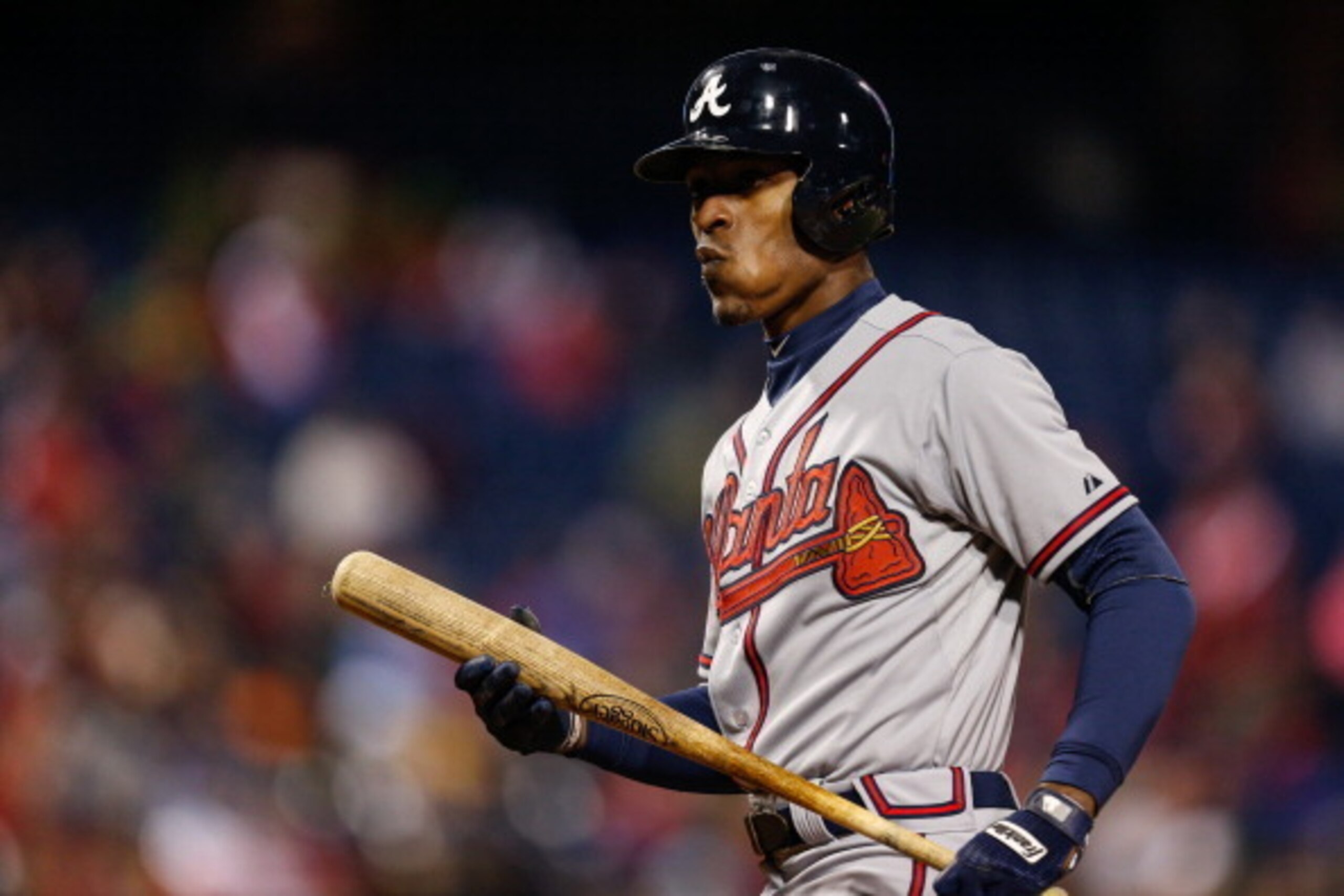 PHILADELPHIA, PA - APRIL 16: B.J. Upton of the Atlanta Braves looks on after striking out in the seventh inning of the game against the Philadelphia Phillies at Citizens Bank Park on April 16, 2014 in Philadelphia, Pennsylvania. All uniformed team members
