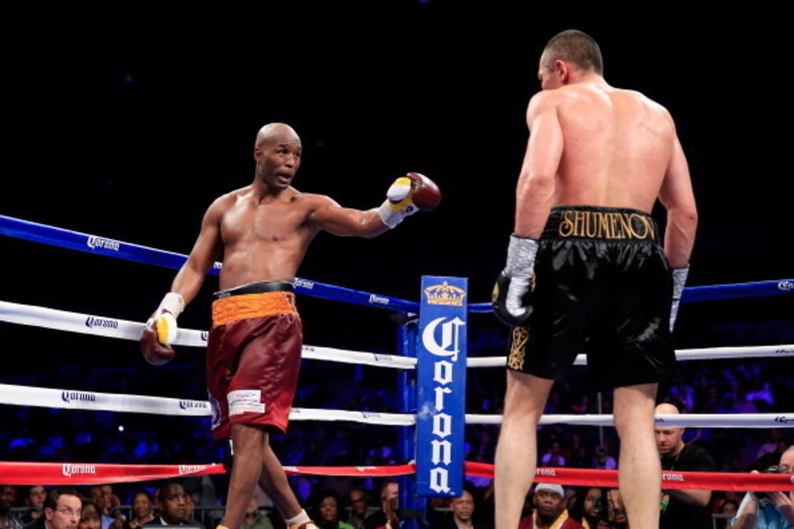 WASHINGTON, DC - APRIL 19:  Bernard Hopkins (L) points to Beibut Shumenov during the 10th round of their IBA Light Heavyweight Title fight on April 19, 2014 in Washington, DC. Hopkins won a split decision in 12 rounds.  (Photo by Rob Carr/Getty Images)