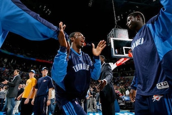 OKLAHOMA CITY, OK - DECEMBER 31:  Jeff Green #22 of the Oklahoma City Thunder is introduced before the game against the Golden State Warriors on December 31, 2008 at the Ford Center in Oklahoma City, Oklahoma.  The Thunder won 107-100.  NOTE TO USER: User