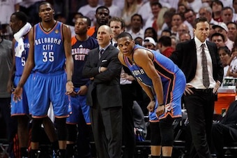 Durant and Westbrook watch Game 5 of the 2012 NBA Finals slip away as the Miami Heat clinch the title.