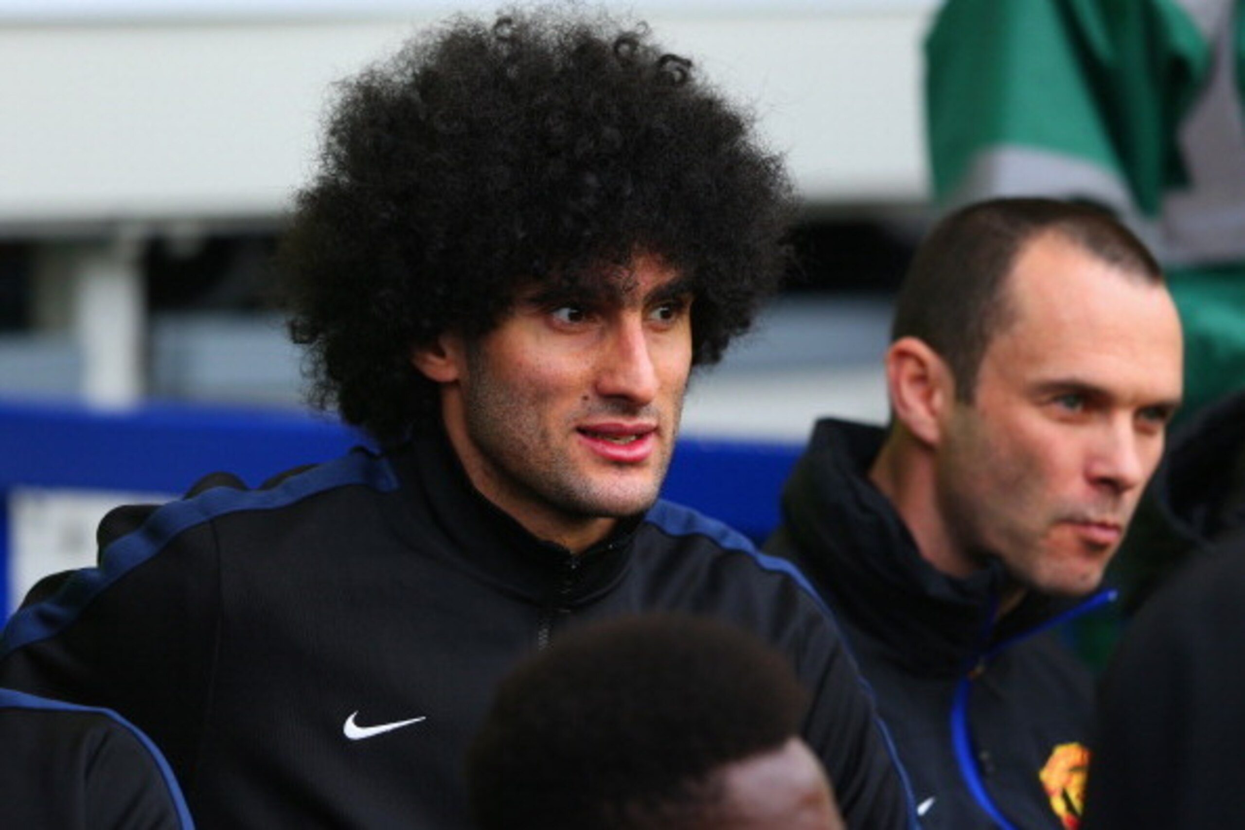 LIVERPOOL, ENGLAND - APRIL 20: Marouane Fellaini of Manchester United looks on from the bench during the Barclays Premier League match between Everton and Manchester United at Goodison Park on April 20, 2014 in Liverpool, England.  (Photo by Alex Livesey/