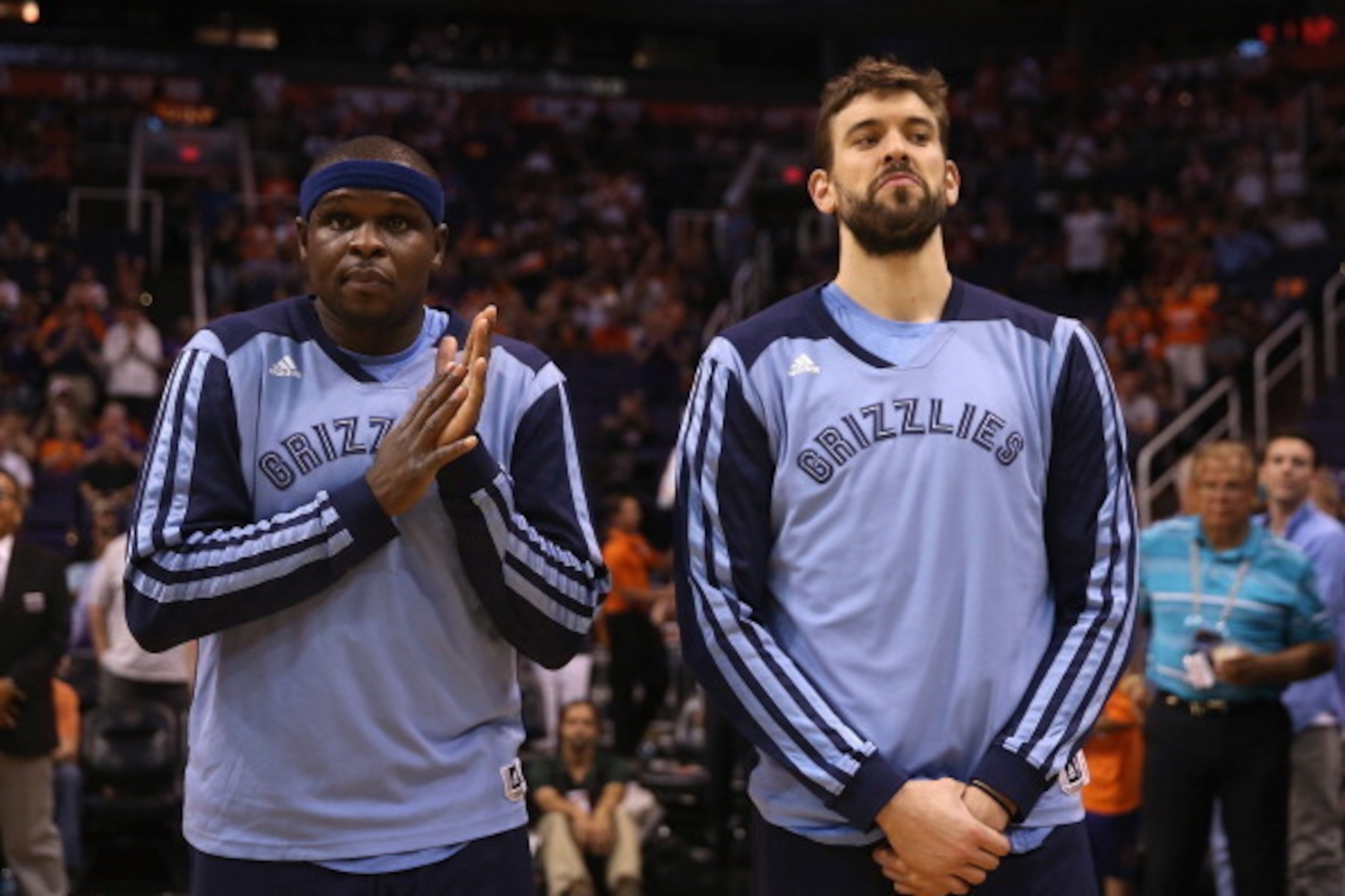 PHOENIX, AZ - APRIL 14:  Zach Randolph #50 and Marc Gasol #33 of the Memphis Grizzlies stand on the court before the NBA game against the Phoenix Suns at US Airways Center on April 14, 2014 in Phoenix, Arizona.  NOTE TO USER: User expressly acknowledges a