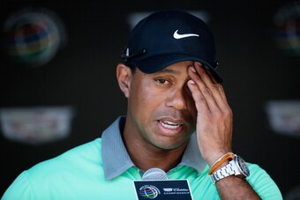 DORAL, FL - MARCH 08:  Tiger Woods speaks with the media after a six-under par 66 during the third round of the World Golf Championships-Cadillac Championship at Trump National Doral on March 8, 2014 in Doral, Florida.  (Photo by Chris Trotman/Getty Image
