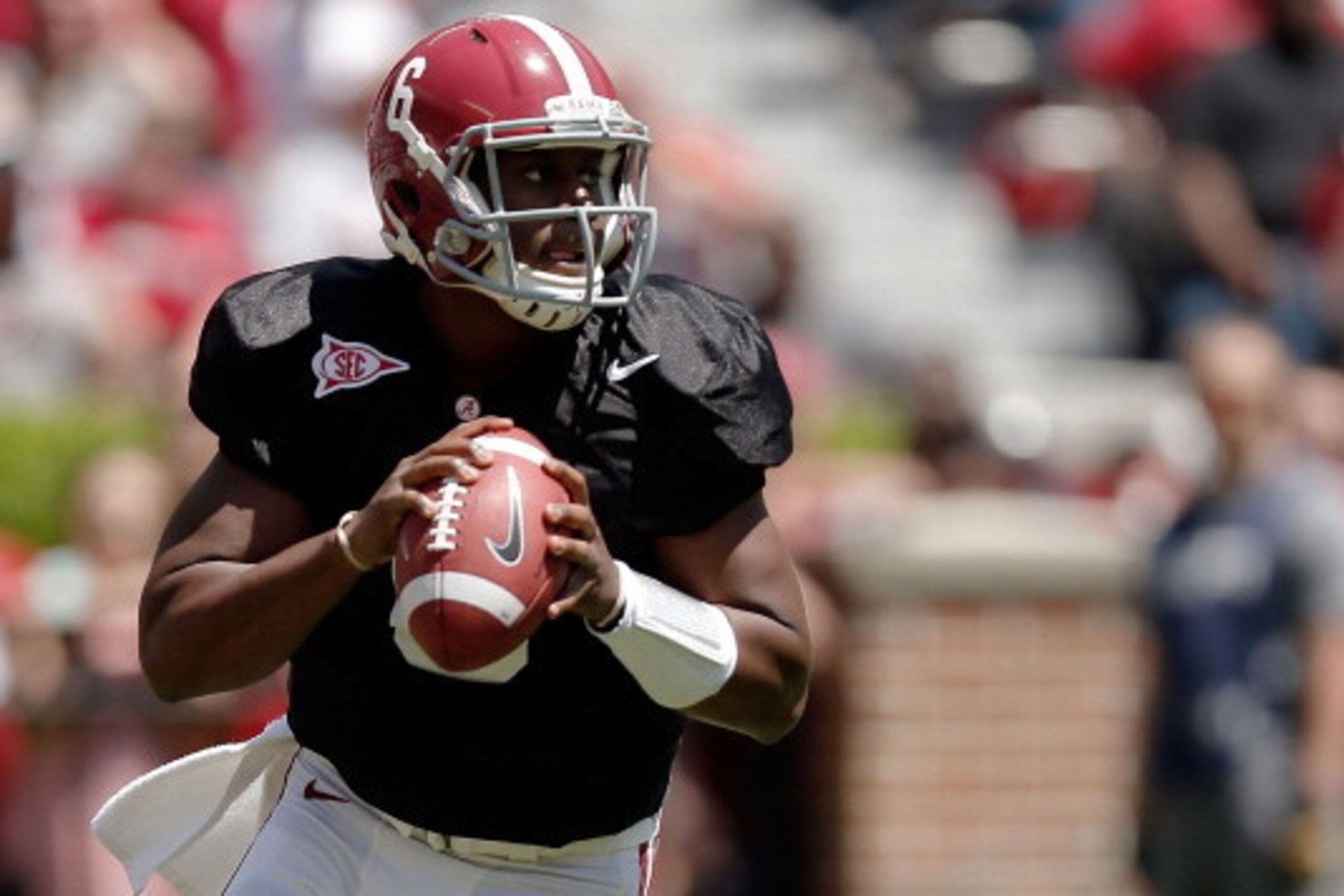 TUSCALOOSA, AL - APRIL 19:  Blake Sims #6 of the Crimson team drops back to pass against the White team during the University of Alabama A-Day spring game at Bryant-Denny Stadium on April 19, 2014 in Tuscaloosa, Alabama.  (Photo by Stacy Revere/Getty Imag
