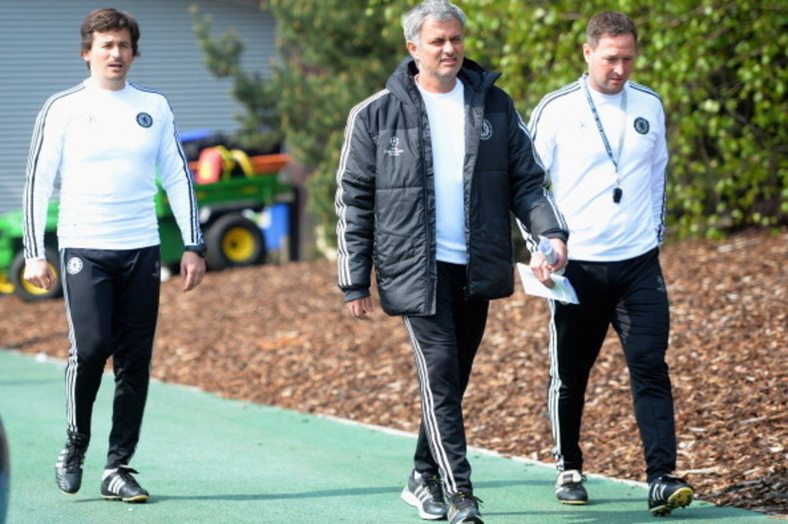 COBHAM, ENGLAND - APRIL 21:  Manager Jose Mourinho with coaches Rui Faria and Steve Holland during the Chelsea Training Serssion at Chelsea Training Ground on April 21, 2014 in Cobham, England.  (Photo by Christopher Lee/Getty Images)