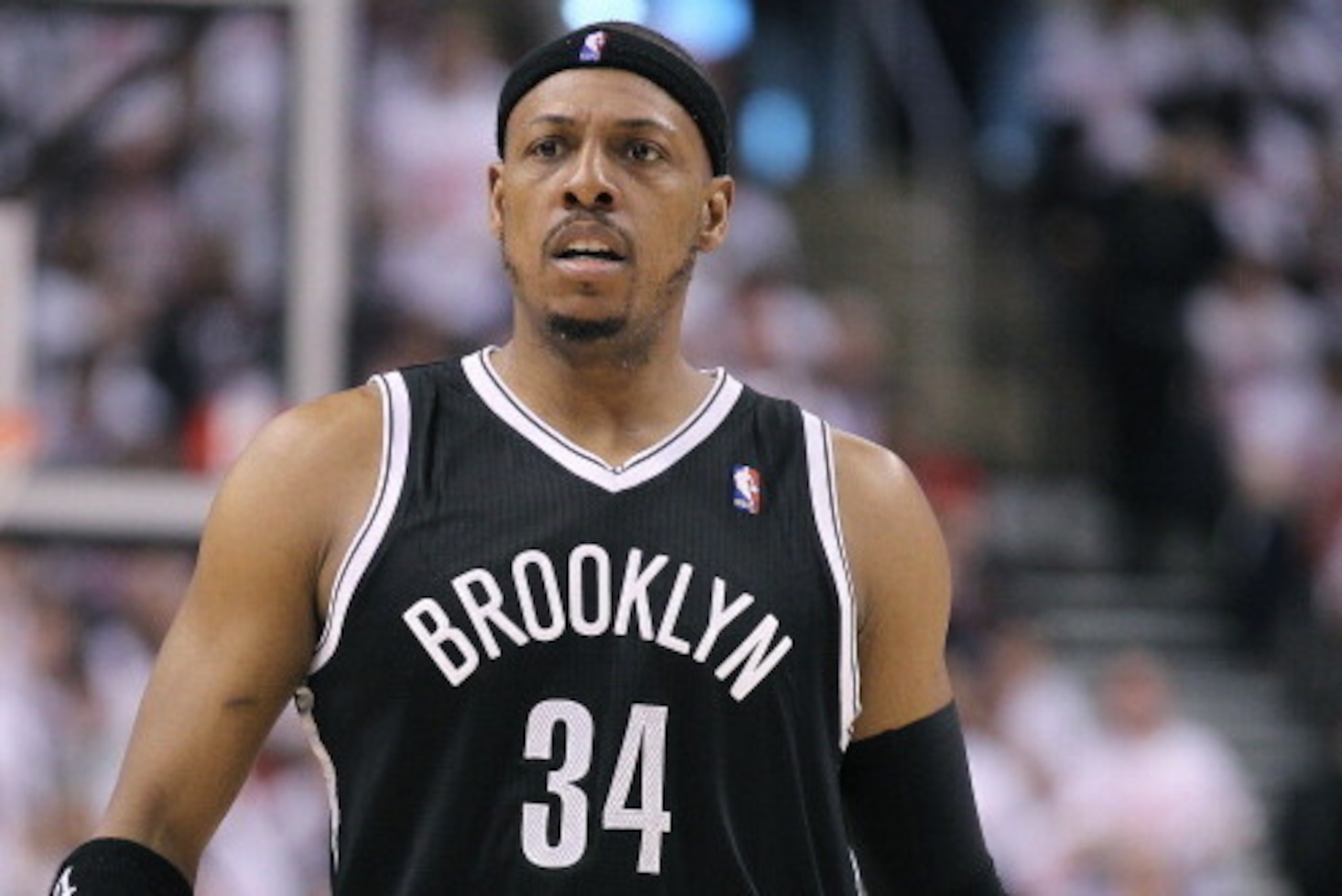 TORONTO, ON - APRIL 19:  Paul Pierce #34 of the Brooklyn Nets reacts to a play against the Toronto Raptors in Game One of the NBA Eastern Conference play-off at the Air Canada Centre on April 19, 2014 in Toronto, Ontario, Canada. The Nets defeated the Rap