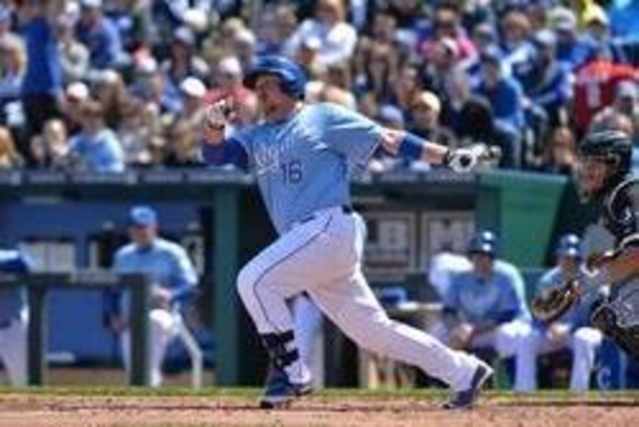 Apr 5, 2014; Kansas City, MO, USA; Kansas City Royals batter Billy Butler (16) singles in a run against the Chicago White Sox during the fourth inning at Kauffman Stadium. Mandatory Credit: Peter G. Aiken-USA TODAY Sports