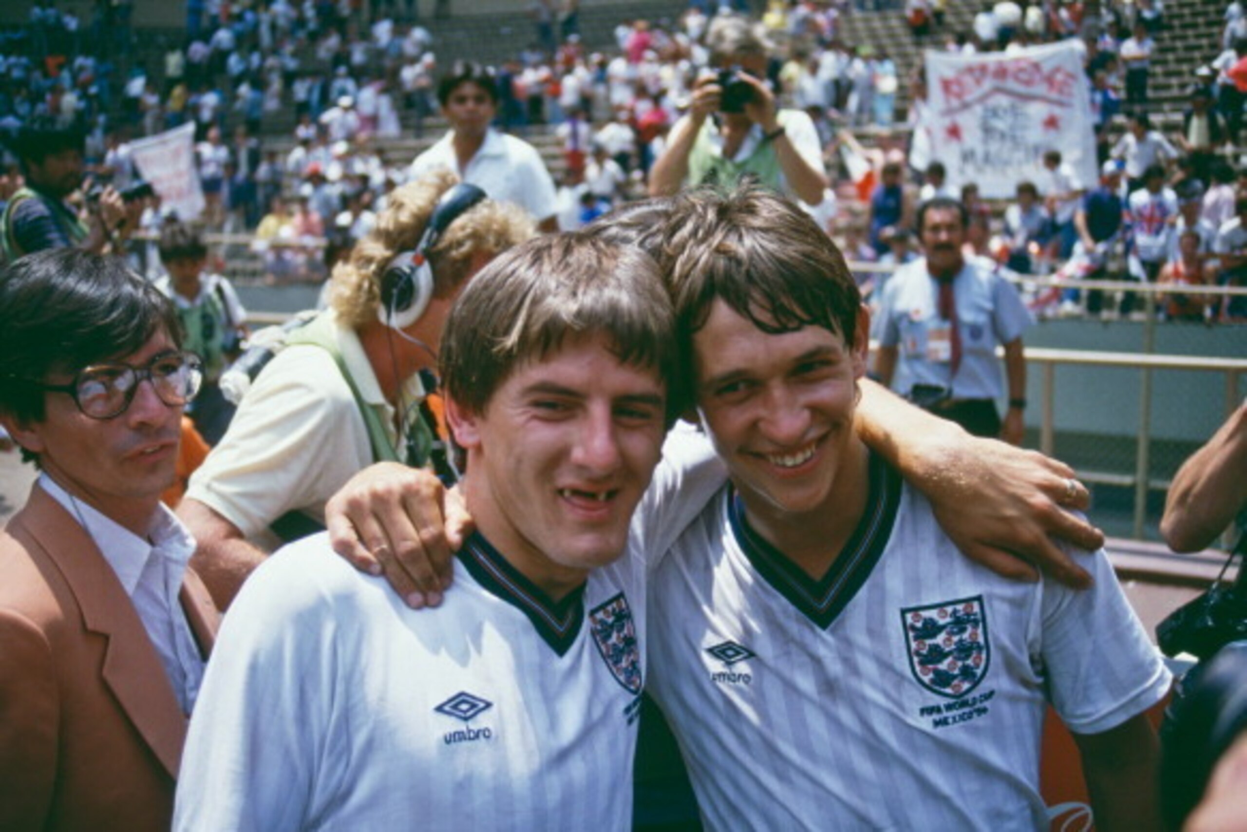 England players Peter Beardsley (left) and Gary Lineker after their team beat Paraguay 3-0 in a Round of 16 match during the World Cup competition at the Estadio Azteca, Mexico City, 18th June 1986. Lineker scored the first and third goals and Beardsley t