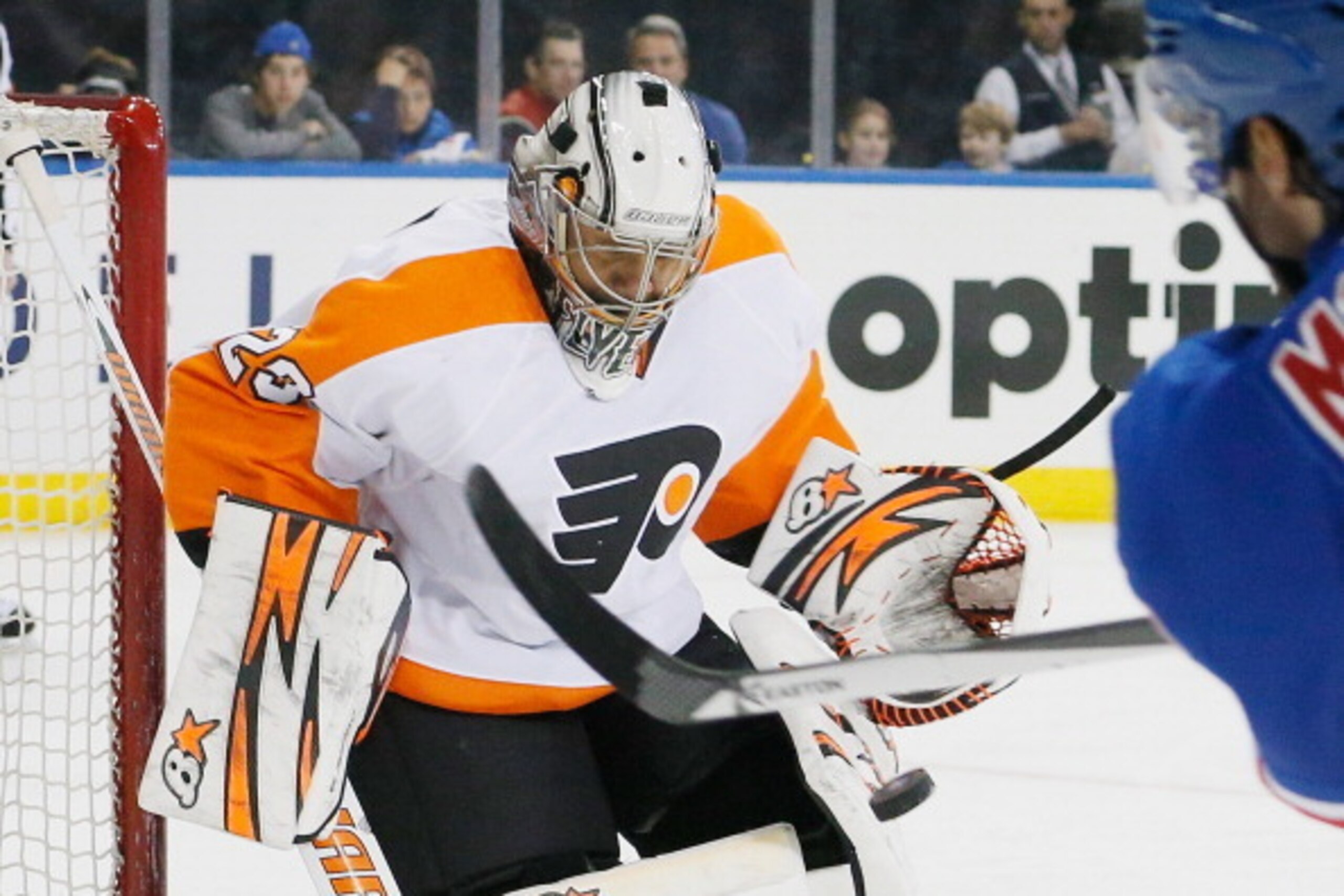 NEW YORK, NY - APRIL 20: Goalie Ray Emery #29 of the Philadelphia Flyers makes a save in the second period in Game Two of the First Round of the 2014 NHL Stanley Cup Playoffs against the New York Rangers at Madison Square Garden on April 20, 2014 in New Y