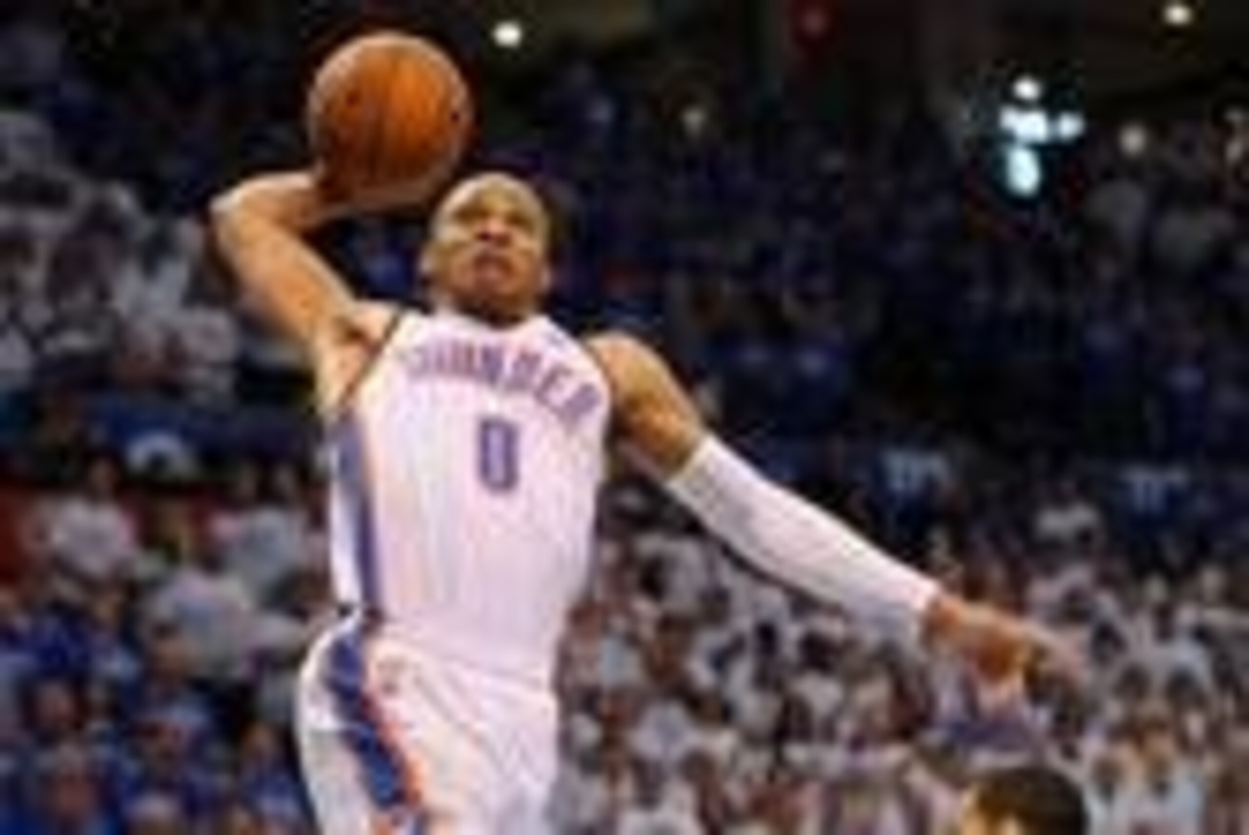 Apr 21, 2014; Oklahoma City, OK, USA; Oklahoma City Thunder guard Russell Westbrook (0) dunks the ball against the Memphis Grizzlies during the fourth quarter in game two during the first round of the 2014 NBA Playoffs at Chesapeake Energy Arena. Mandator Apr 21, 2014; Oklahoma City, OK, USA; Oklahoma City Thunder guard Russell Westbrook (0) dunks the ball against the Memphis Grizzlies during the fourth quarter in game two during the first round of the 2014 NBA Playoffs at Chesapeake Energy Arena. Mandator