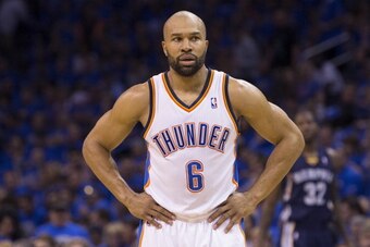 OKLAHOMA CITY, OK - APRIL 19:  Derek Fisher #6 of the Oklahoma City Thunder stands on the court against the Memphis Grizzlies in Game One of the Western Conference Quarterfinals of the NBA Playoffs at Chesapeake Energy Arena on April 19, 2014 in Oklahoma 