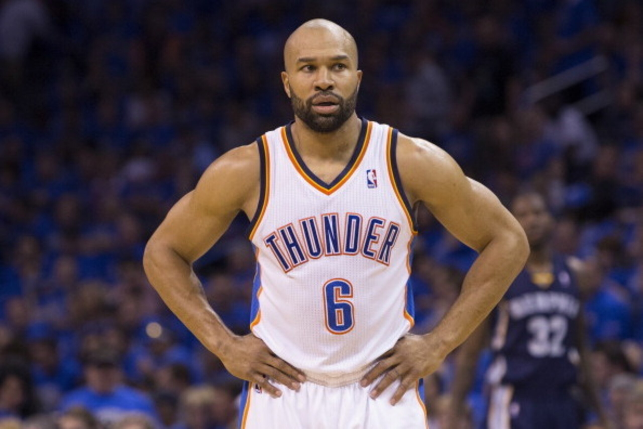 OKLAHOMA CITY, OK - APRIL 19:  Derek Fisher #6 of the Oklahoma City Thunder stands on the court against the Memphis Grizzlies in Game One of the Western Conference Quarterfinals of the NBA Playoffs at Chesapeake Energy Arena on April 19, 2014 in Oklahoma 