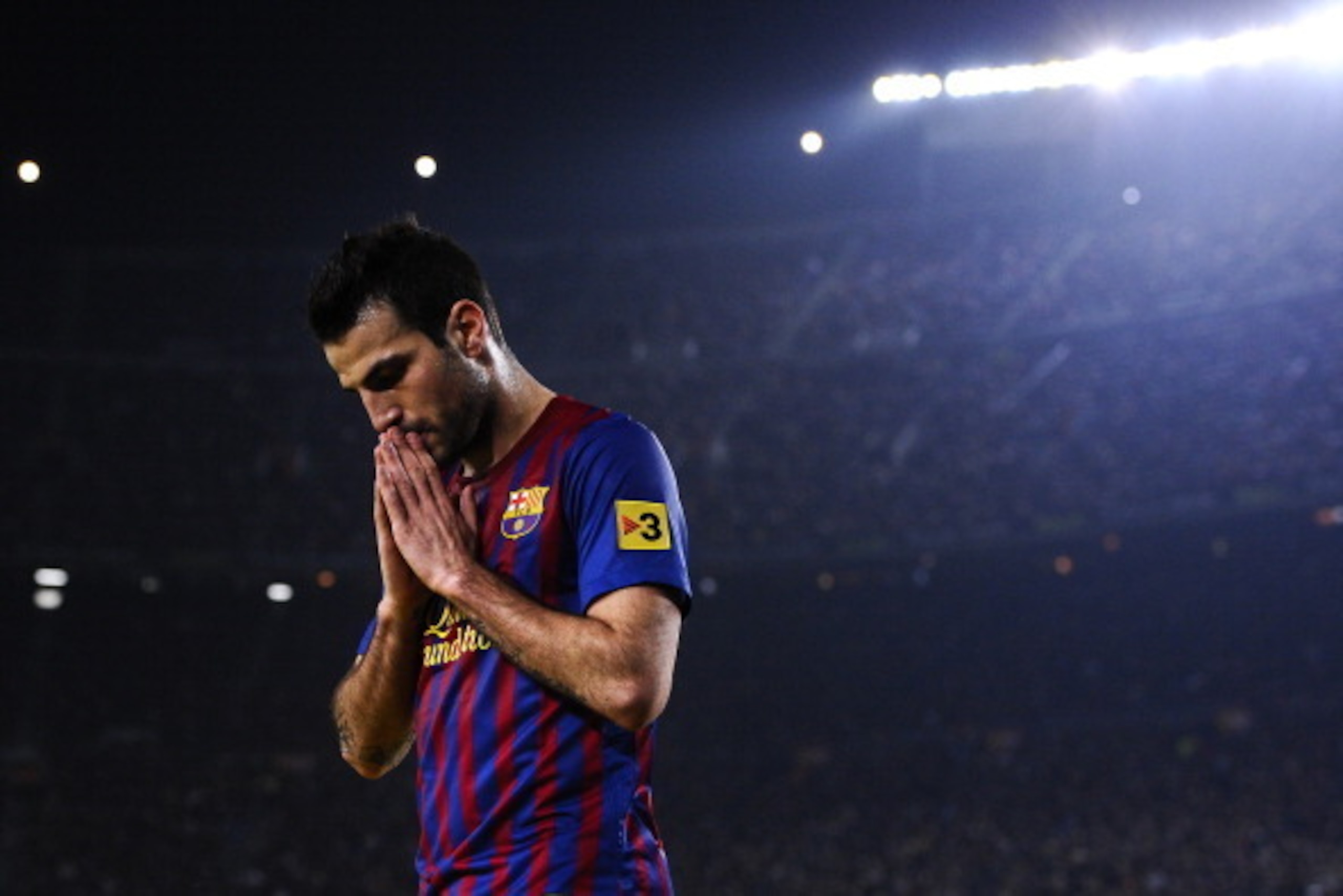 BARCELONA, SPAIN - MARCH 03:  Cesc Fabregas of FC Barcelona reacts after missing a chance to score during the La Liga match between FC Barcelona and Sporting Gijon at Camp Nou on March 3, 2012 in Barcelona, Spain. FC Barcelona won 3-1.  (Photo by David Ra