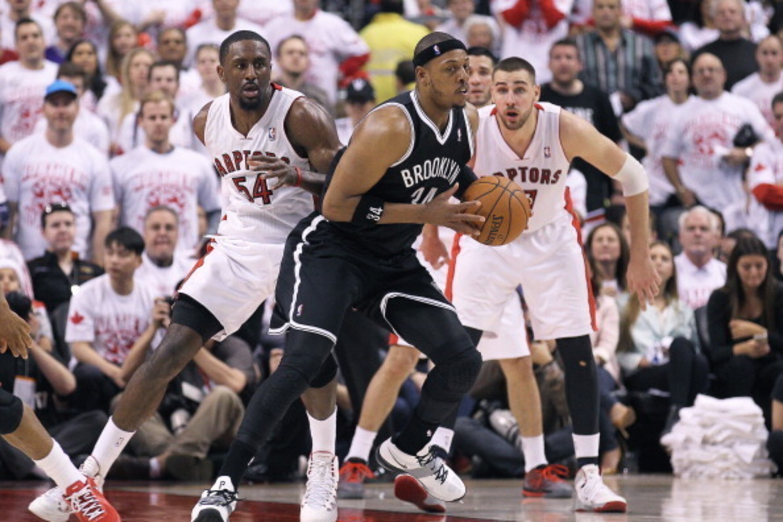 TORONTO, ON - APRIL 19:  Paul Pierce #34 of the Brooklyn Nets controls the ball in the late stages against the Toronto Raptors in Game One of the NBA Eastern Conference play-off at the Air Canada Centre on April 19, 2014 in Toronto, Ontario, Canada. The N
