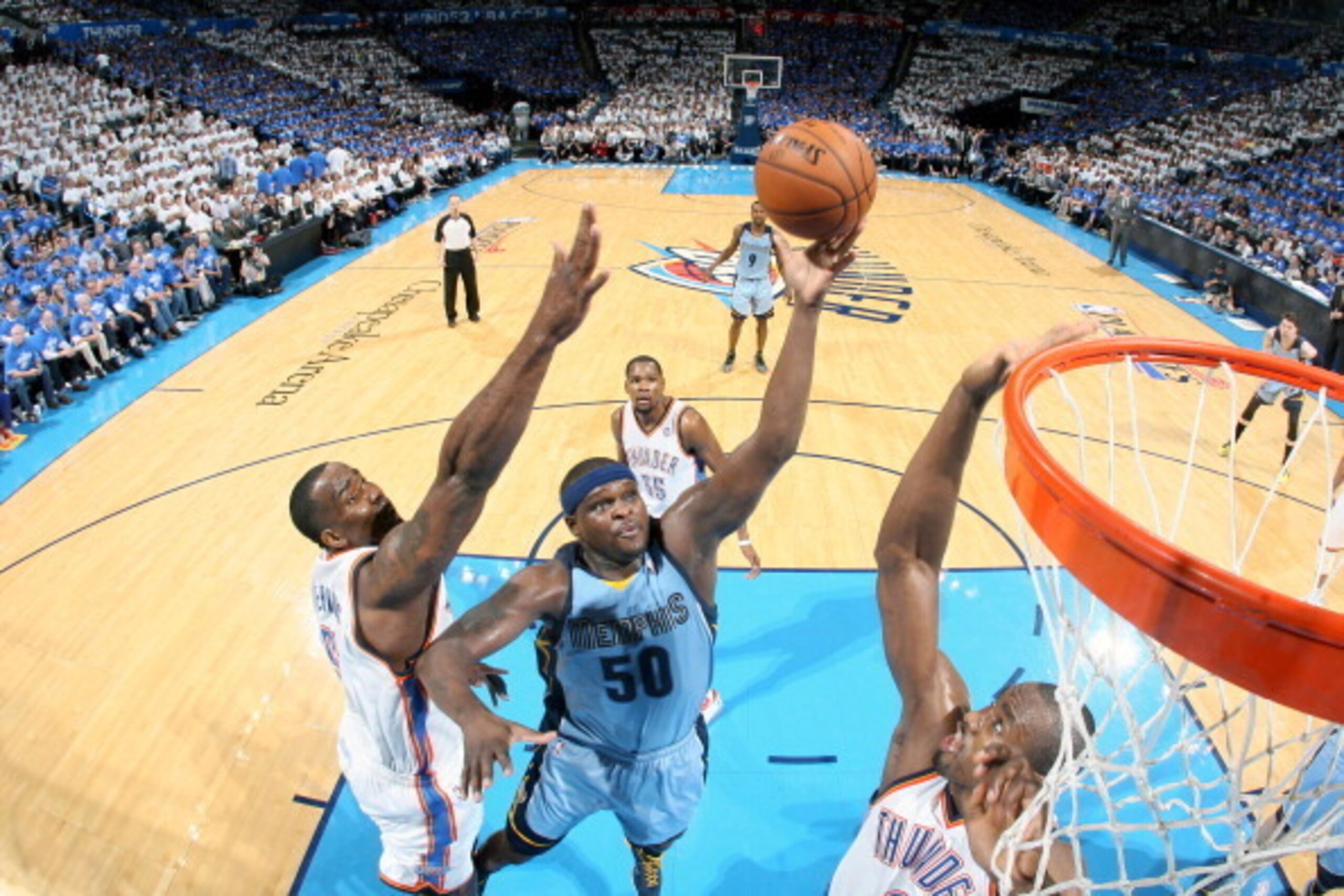 OKLAHOMA CITY, OK - APRIL 21:  Zach Randolph #50 of the Memphis Grizzlies Goes up against the Oklahoma City Thunder. In Game Two of the Western Conference Quarterfinals of the NBA Playoffs at Chesapeake Energy Arena on April 21, 2014 in Oklahoma City, Okl