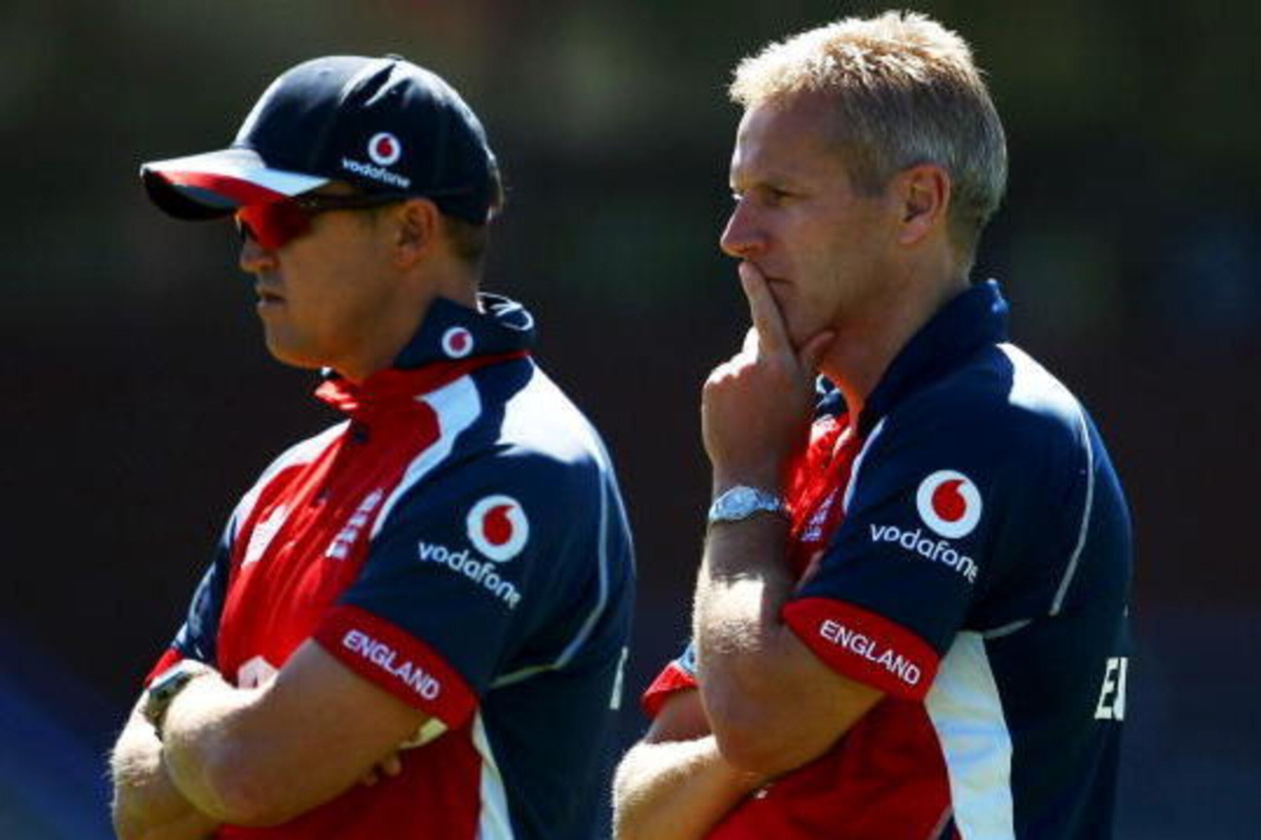 WELLINGTON, NEW ZEALAND - MARCH 12:  Peter Moores and Andy Flower of England look on during a nets session at the Basin Reserve on March 12, 2008 in Wellington, New Zealand.  (Photo by Clive Rose/Getty Images)