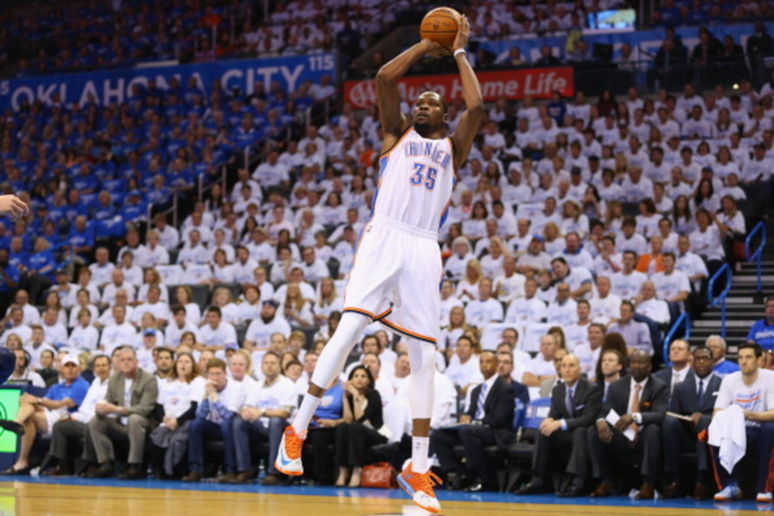 OKLAHOMA CITY, OK - APRIL 21:  Kevin Durant #35 of the Oklahoma City Thunder takes a shot against  the Memphis Grizzlies in Game Two of the Western Conference Quarterfinals during the 2014 NBA Playoffs at Chesapeake Energy Arena on April 21, 2014 in Oklah