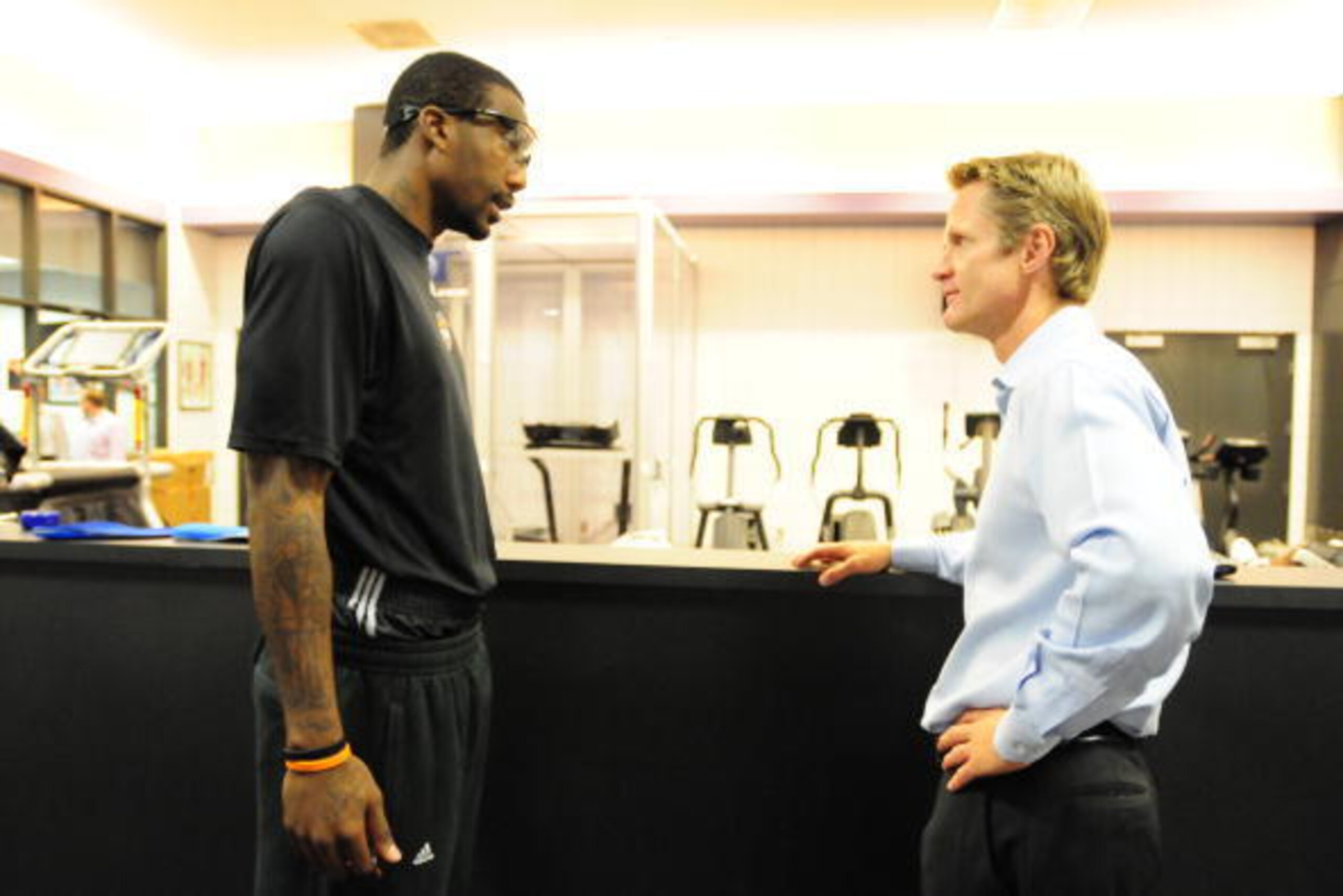 PHOENIX - OCTOBER 7: Amare Stoudemire #1 and Steve Kerr President of Basketball Operations and General Manager of the Phoenix Suns talk during NBA TV's Real Training Camp visit to the Phoenix Suns on October 7, 2008, at U.S. Airways Center in Phoenix, Ari